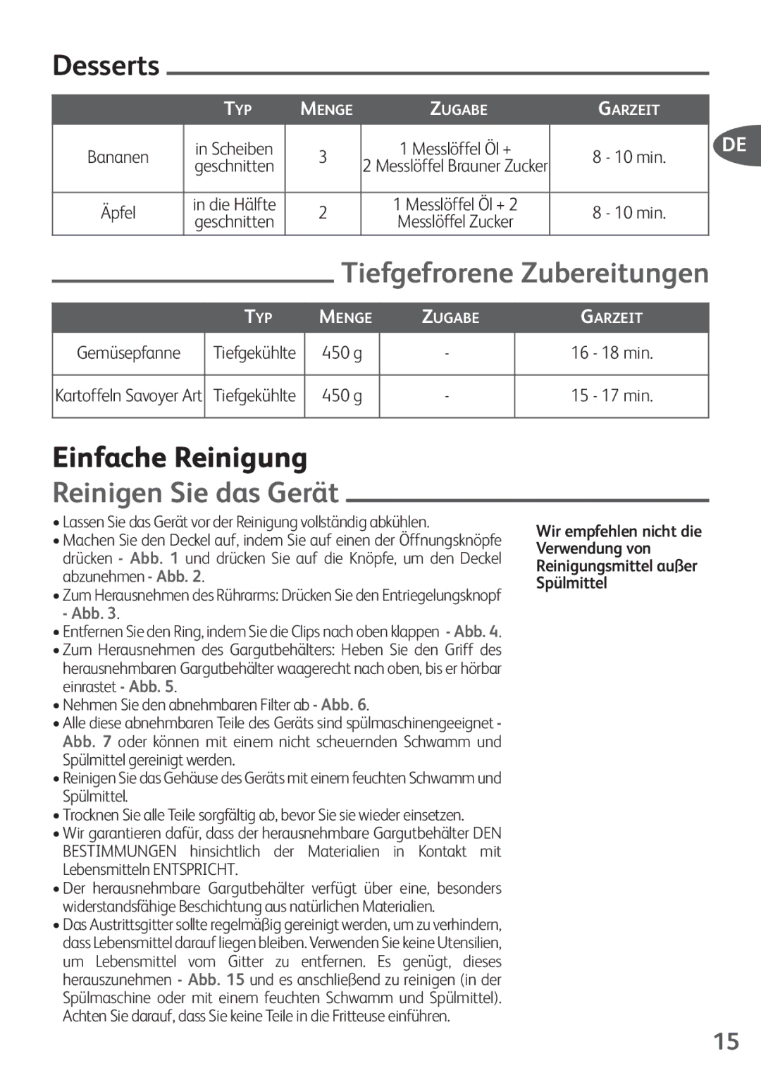 Tefal FZ200016, FZ200040 manual Desserts, Tiefgefrorene Zubereitungen, Einfache Reinigung, Reinigen Sie das Gerät, Bananen 