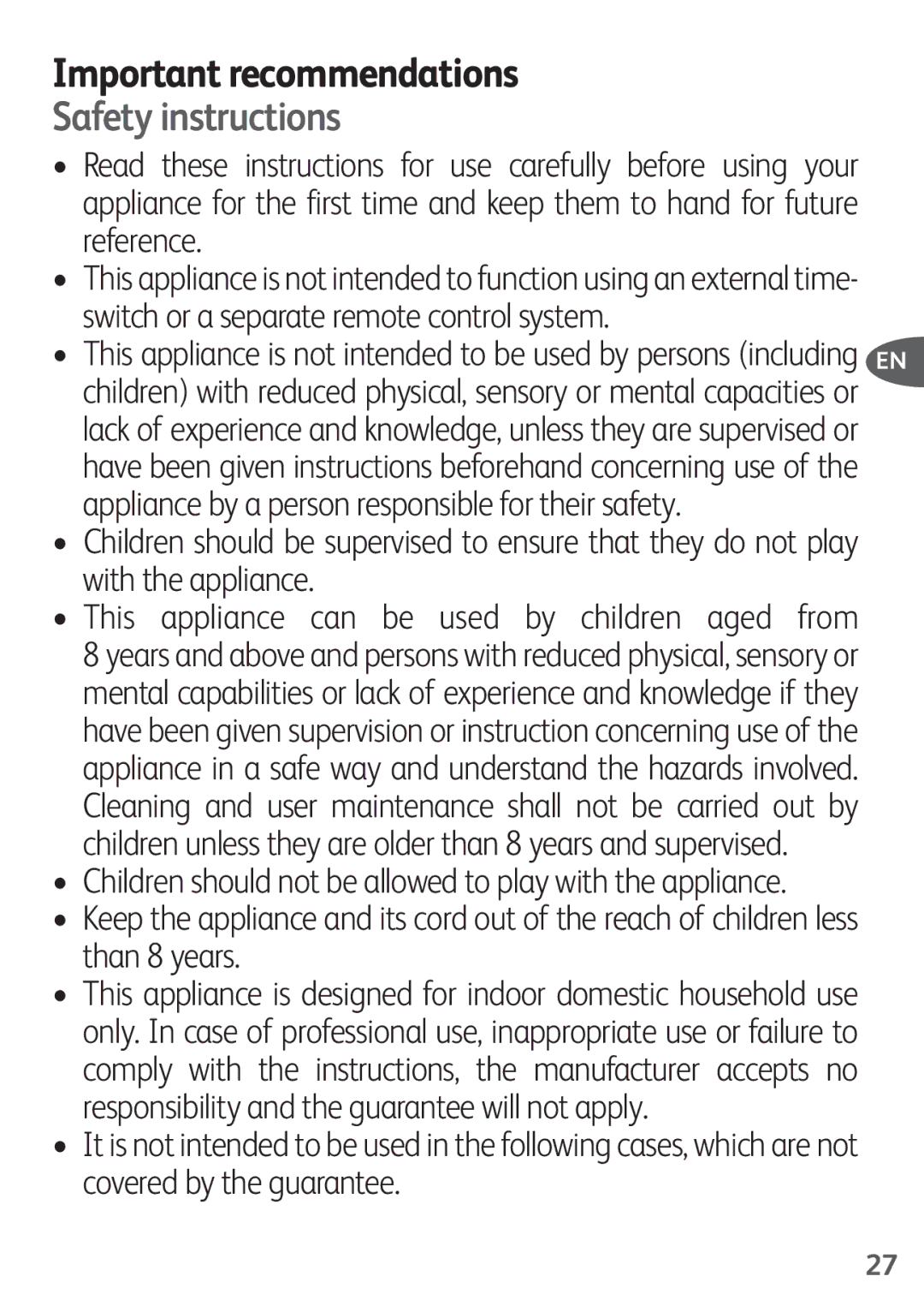 Tefal FZ200067, FZ200016, FZ200040, FZ200015, FZ200020 manual Safety instructions 