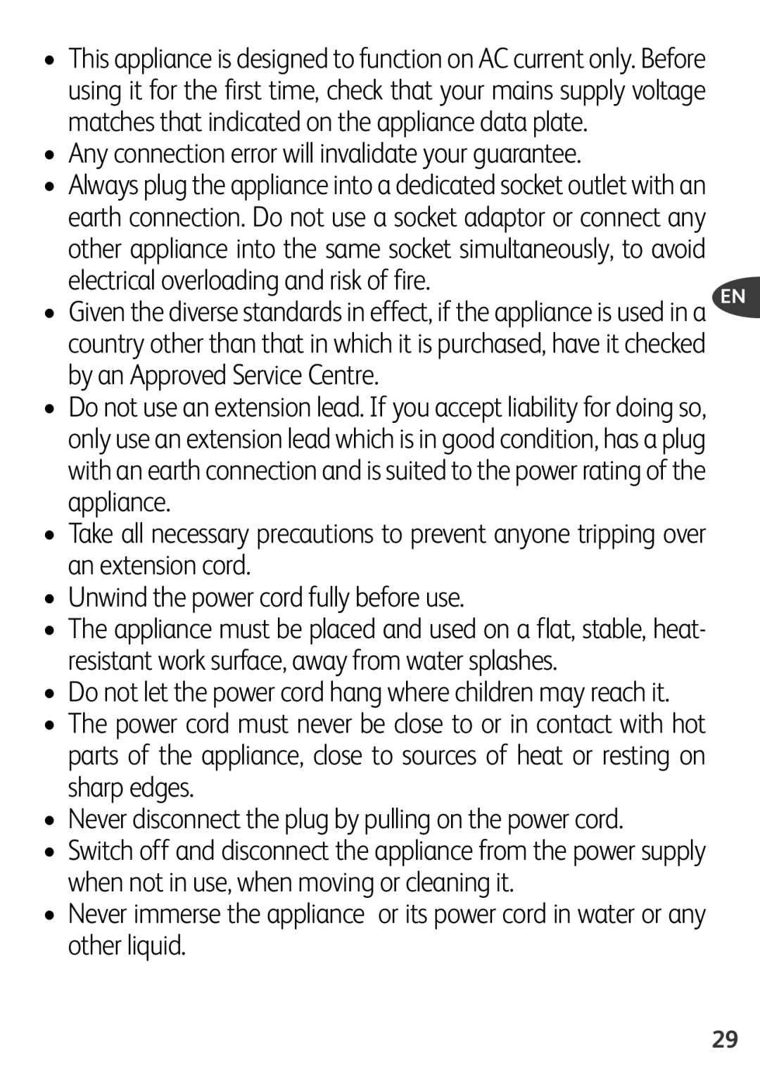 Tefal FZ200020, FZ200016, FZ200040, FZ200067, FZ200015 manual Any connection error will invalidate your guarantee 