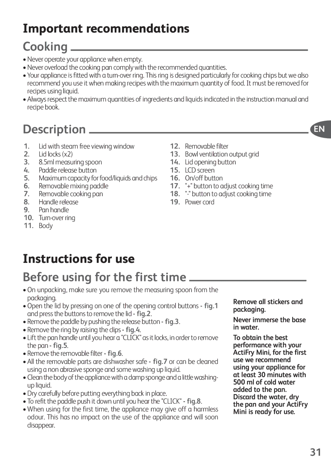 Tefal FZ200040, FZ200016 manual Important recommendations, Cooking, Instructions for use, Before using for the first time 