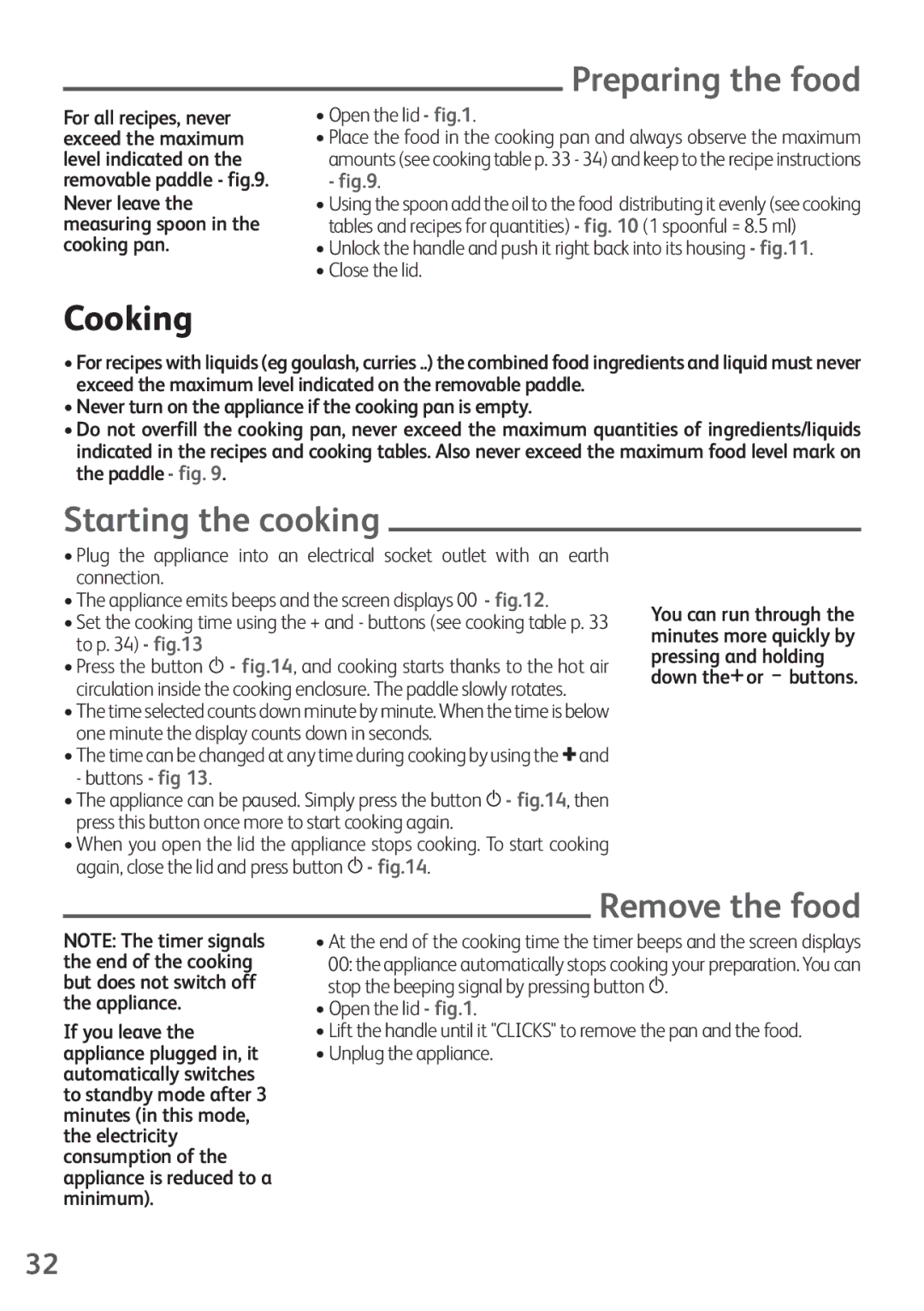 Tefal FZ200067, FZ200016, FZ200040, FZ200015, FZ200020 Preparing the food, Cooking, Starting the cooking, Remove the food 