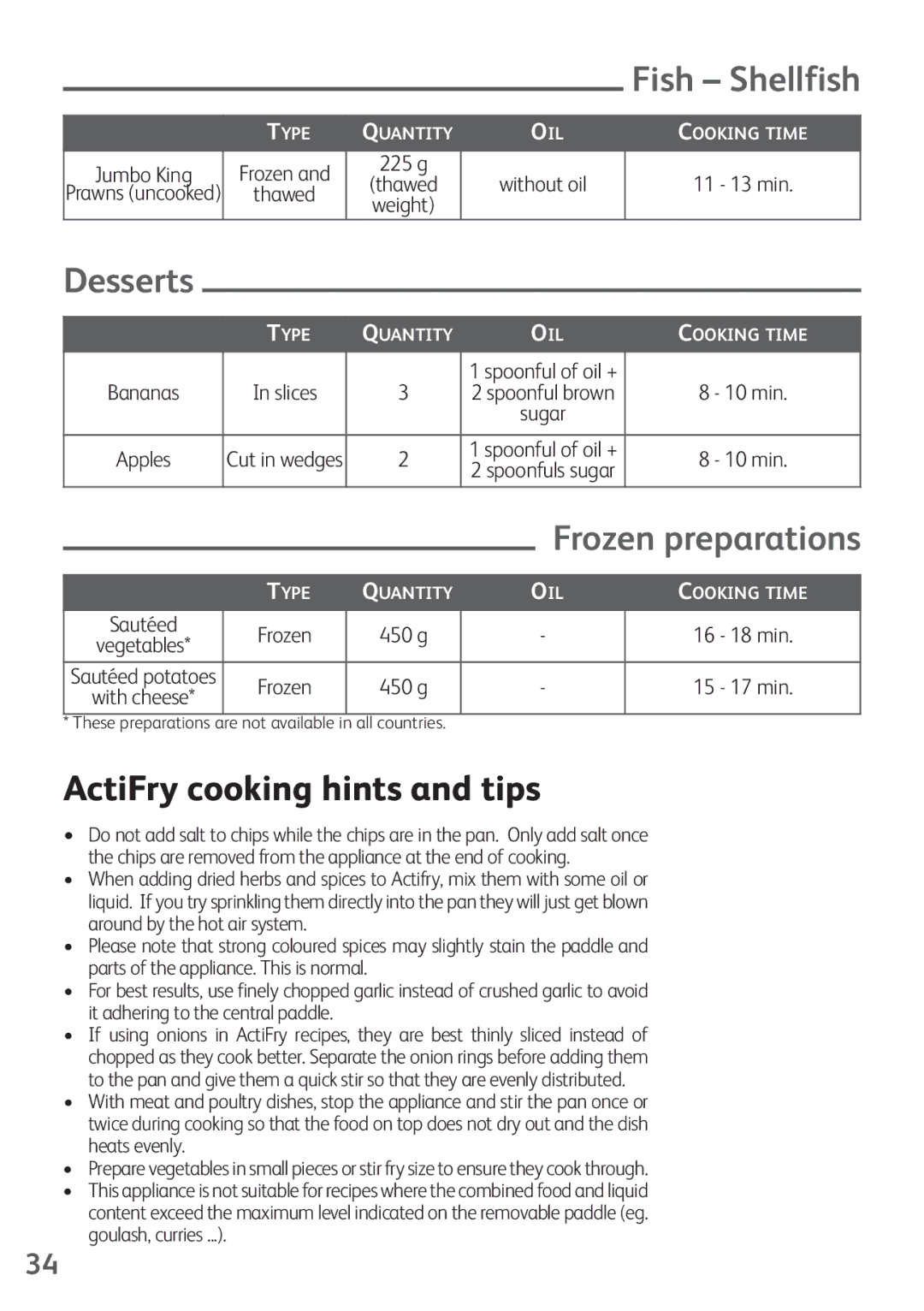 Tefal FZ200020, FZ200016 Fish Shellfish, Frozen preparations, ActiFry cooking hints and tips, 11 13 min, Sautéed potatoes 