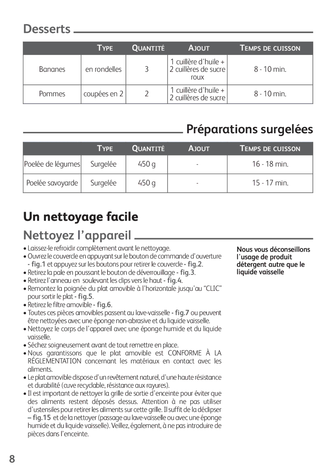 Tefal FZ200015, FZ200016, FZ200040, FZ200067 manual Desserts, Préparations surgelées, Un nettoyage facile, Nettoyez l’appareil 