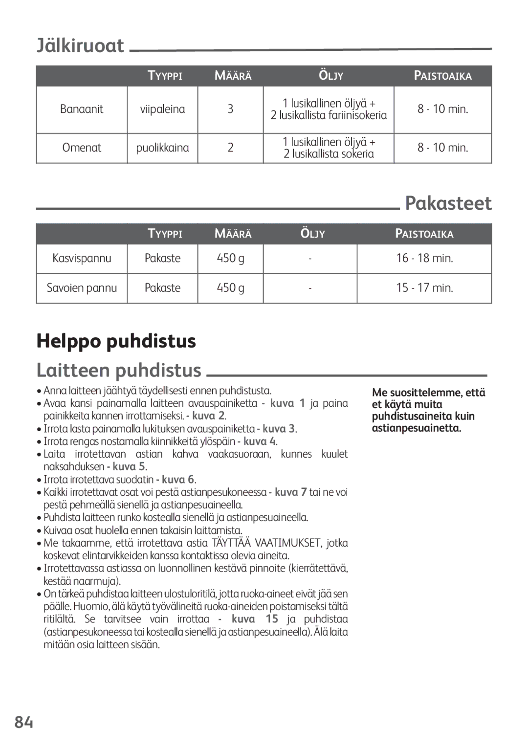 Tefal FZ200020, FZ200016, FZ200040, FZ200067, FZ200015 manual Jälkiruoat, Pakasteet, Helppo puhdistus, Laitteen puhdistus 