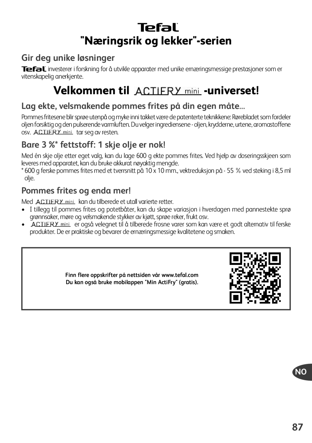 Tefal FZ200067, FZ200016, FZ200040, FZ200015, FZ200020 manual Næringsrik og lekker-serien, Velkommen til -universet 