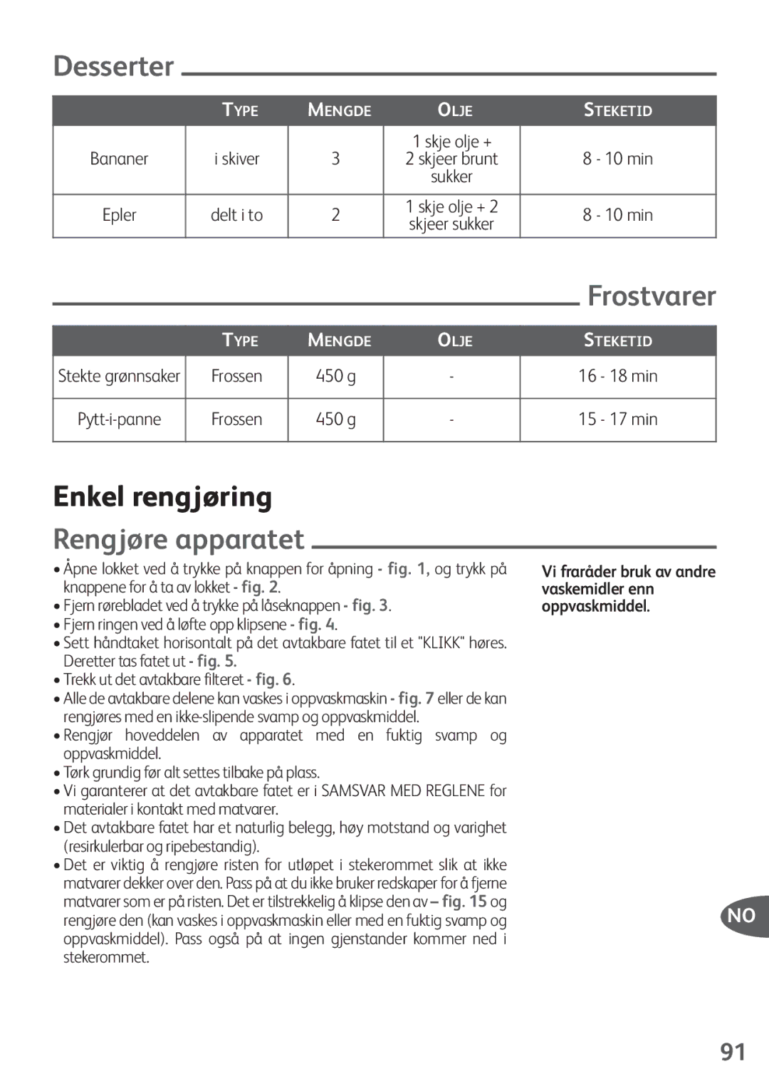 Tefal FZ200040, FZ200016, FZ200067, FZ200015, FZ200020 manual Frostvarer, Enkel rengjøring, Rengjøre apparatet 