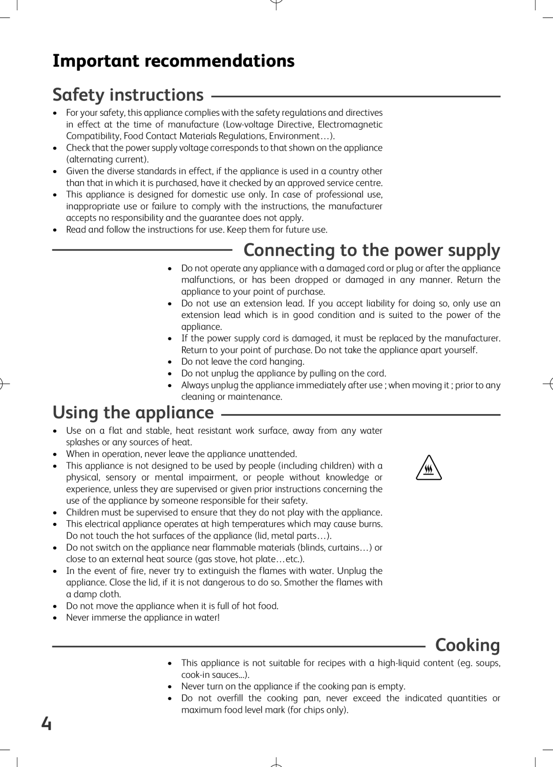 Tefal FZ700071 manual Important recommendations, Safety instructions, Connecting to the power supply, Using the appliance 