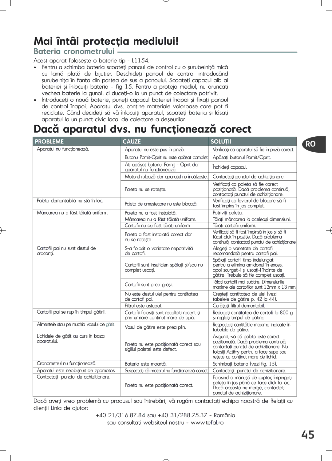 Tefal FZ700231, FZ7002.PS, FZ7002CF, FZ700215 manual Mai întâi protecţia mediului, Dacă aparatul dvs. nu funcţionează corect 