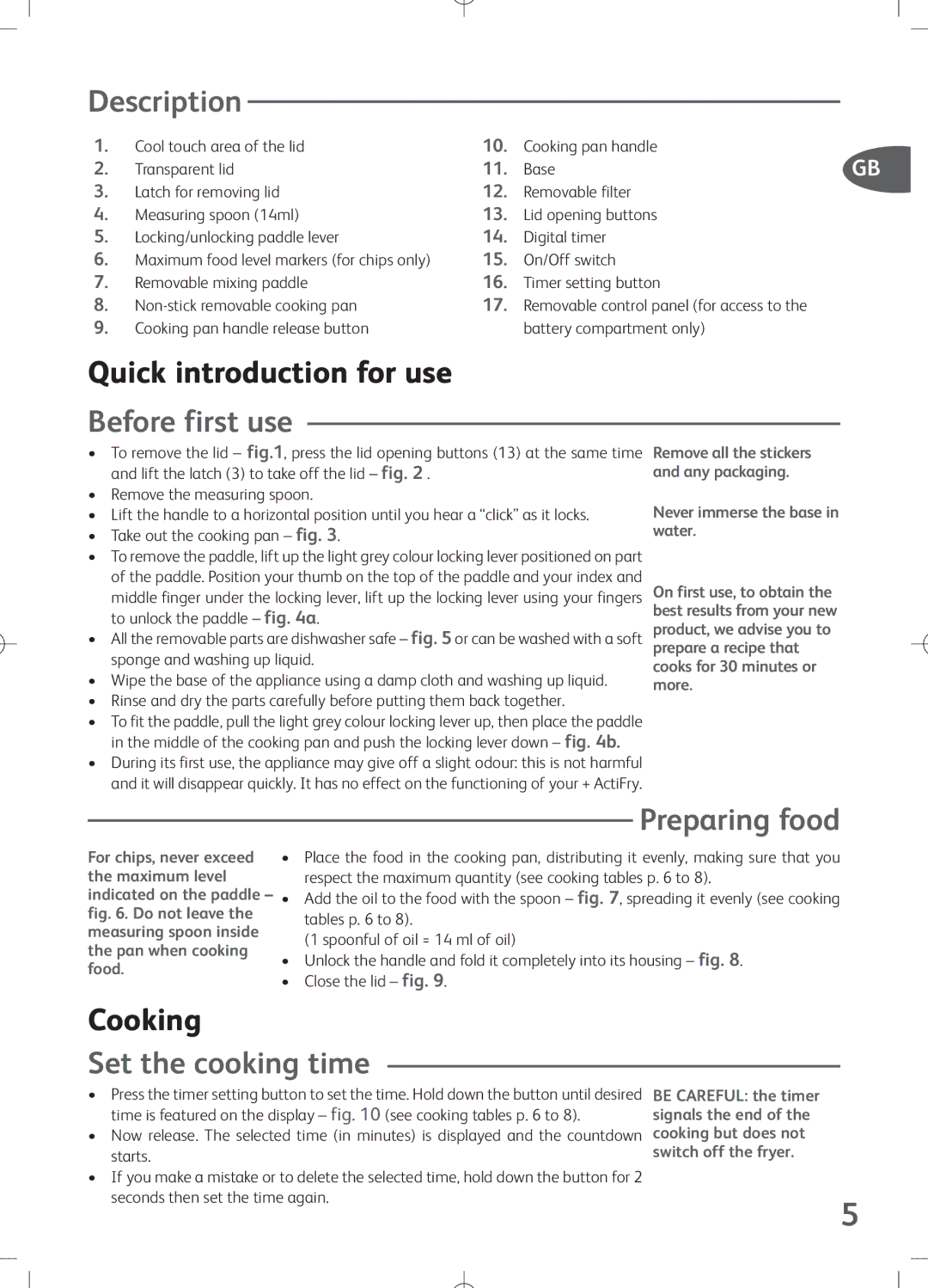 Tefal FZ700236, FZ7002.PS, FZ7002CF, FZ700215 Quick introduction for use, Cooking, Maximum food level markers for chips only 