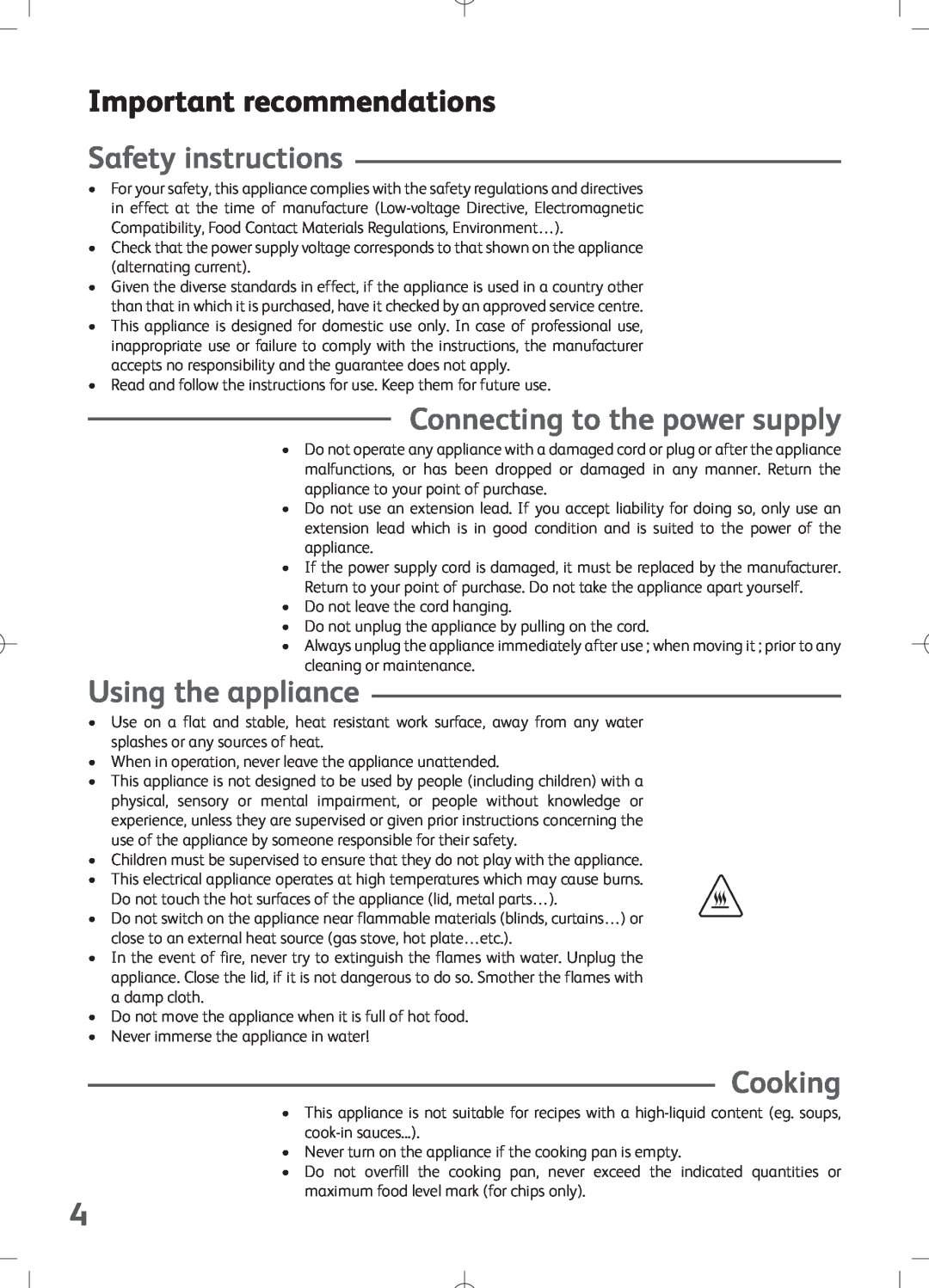 Tefal FZ700233 manual Important recommendations, Safety instructions, Connecting to the power supply, Using the appliance 