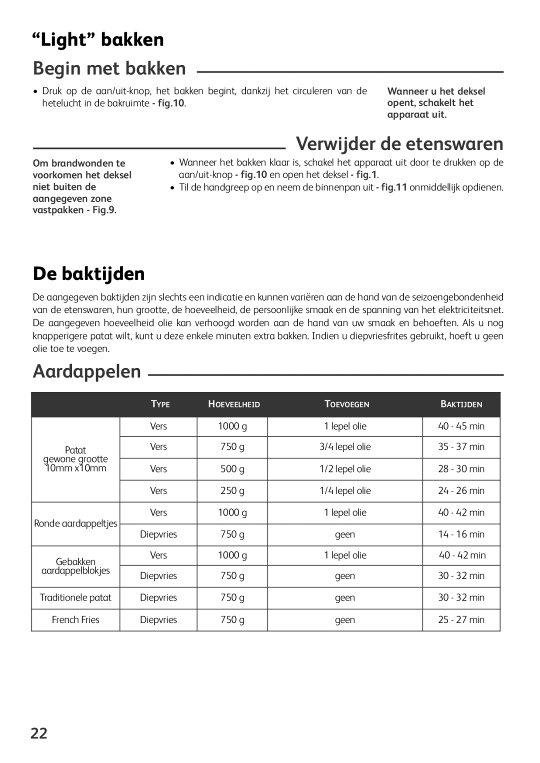 Tefal FZ701015, FZ701020, FZ701027 manual Light bakken, Begin met bakken, Verwijder de etenswaren, De baktijden, Aardappelen 