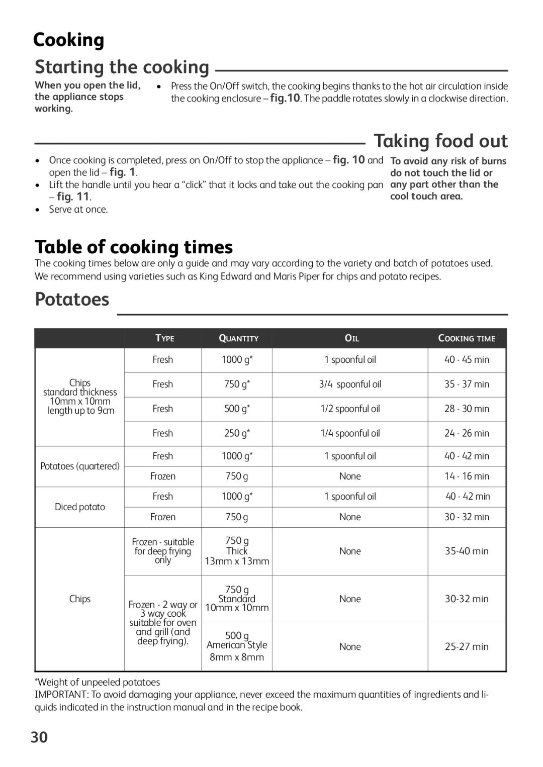 Tefal FZ701015, FZ701020, FZ701027 manual Cooking, Starting the cooking, Taking food out, Table of cooking times, Potatoes 