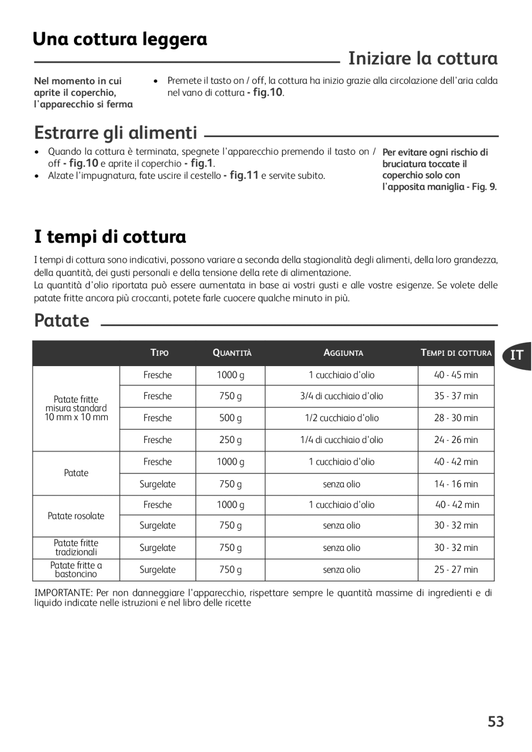 Tefal FZ701027, FZ701020 manual Una cottura leggera, Iniziare la cottura, Estrarre gli alimenti, Tempi di cottura, Patate 