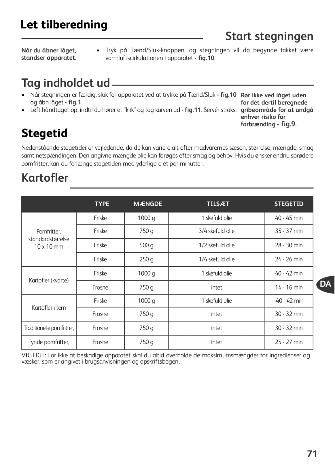 Tefal FZ701028, FZ701020, FZ701027, FZ701015 manual Let tilberedning, Start stegningen, Tag indholdet ud, Stegetid, Kartofler 