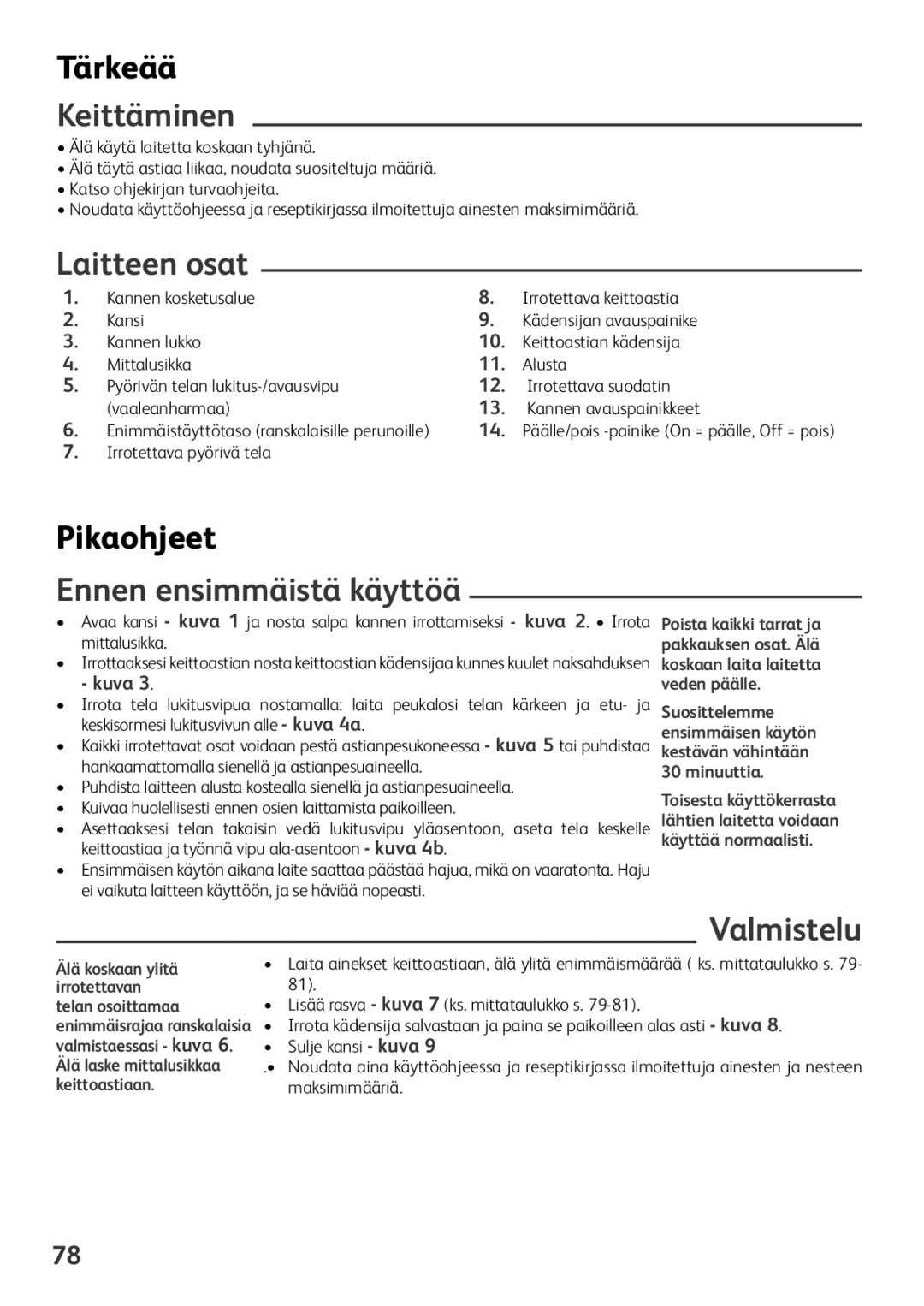 Tefal FZ701015, FZ701020, FZ701027, FZ701028 manual Keittäminen, Laitteen osat, Ennen ensimmäistä käyttöä, Valmistelu 