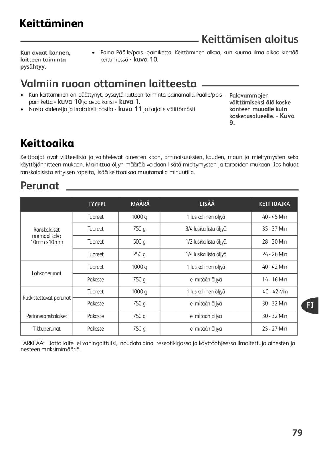 Tefal FZ701028, FZ701020 manual Keittäminen, Valmiin ruoan ottaminen laitteesta, Keittoaika, Perunat, Keittämisen aloitus 