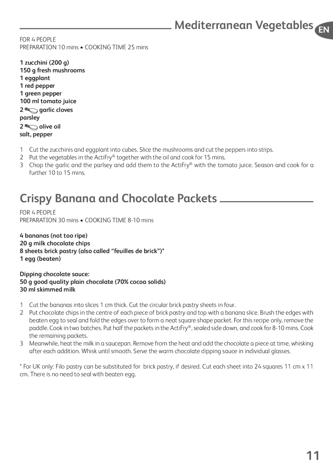 Tefal FZ706227 Mediterranean Vegetables EN, Crispy Banana and Chocolate Packets, Preparation 10 mins Cooking Time 25 mins 