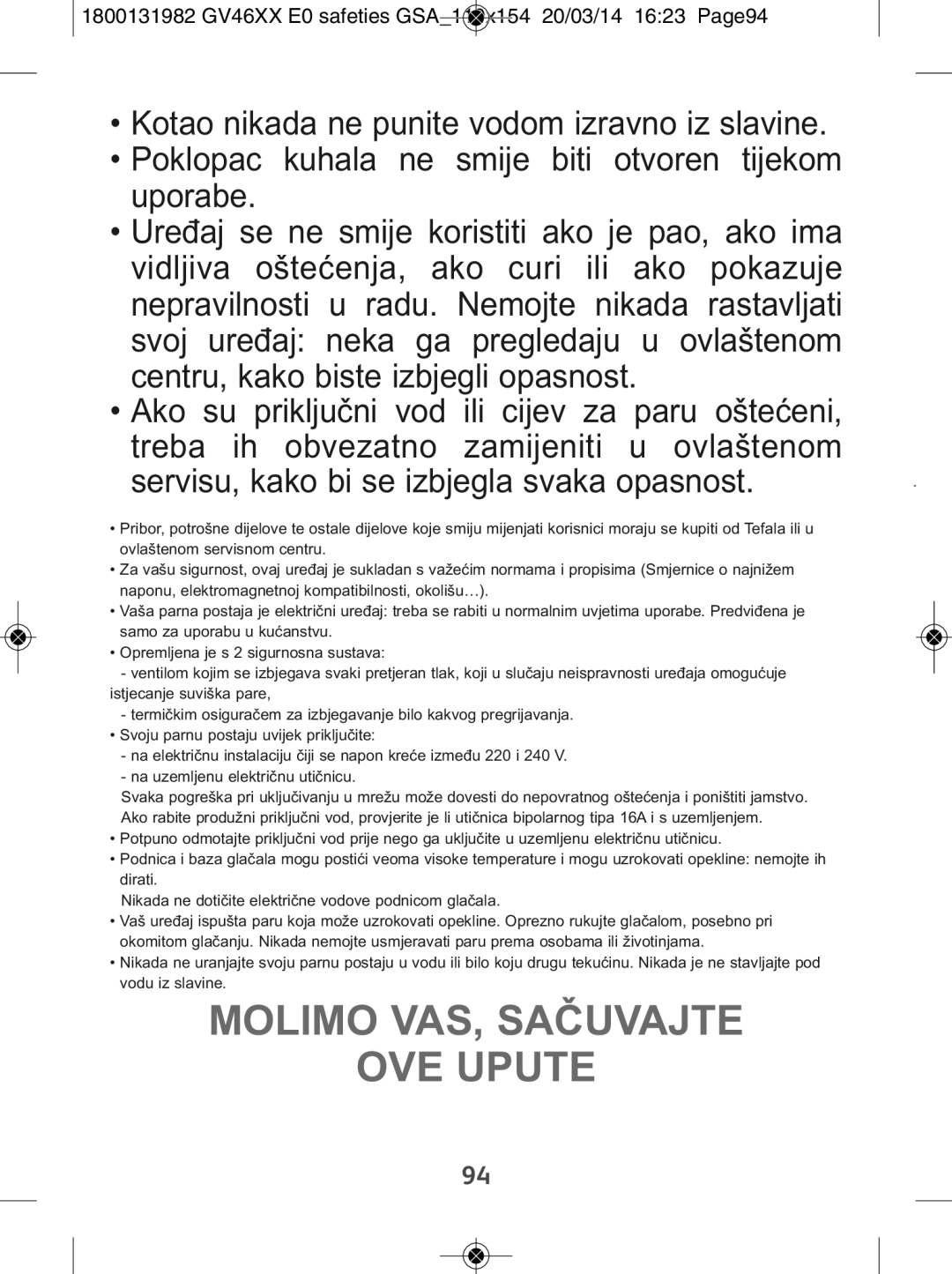 Tefal GV4630E0 manual Molimo VAS, Sačuvajte OVE Upute 