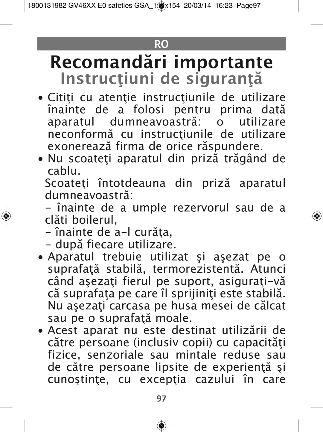 Tefal GV4630E0 manual Recomandări importante, Instrucţiuni de siguranţă 