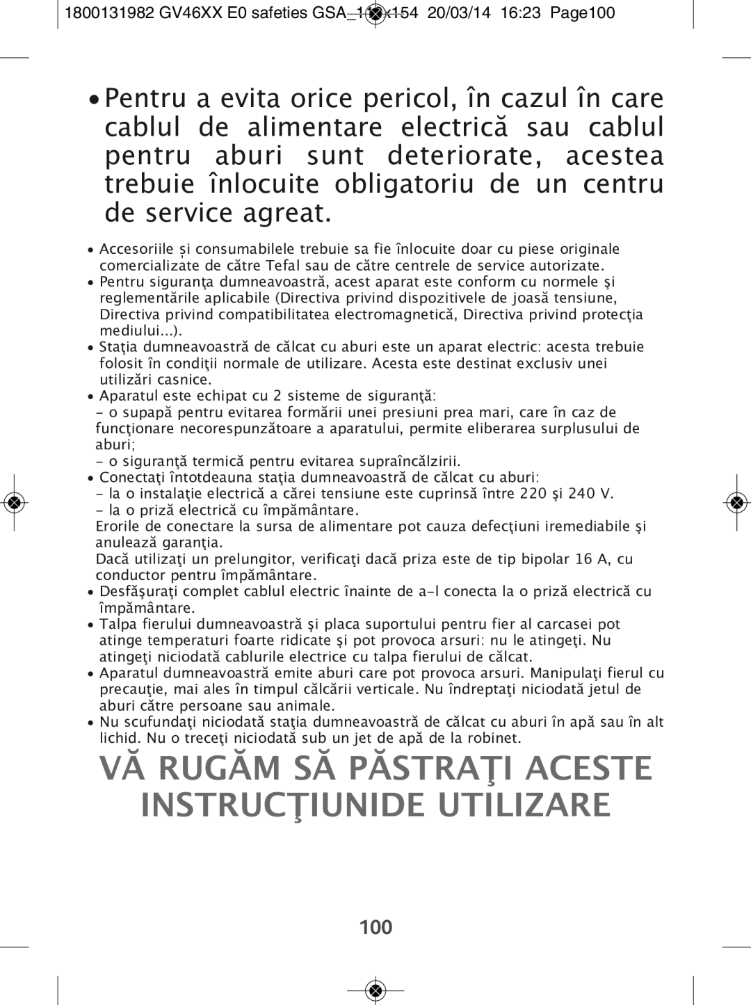 Tefal GV4630E0 manual VĂ Rugăm SĂ Păstraţi Aceste Instrucţiunide Utilizare 