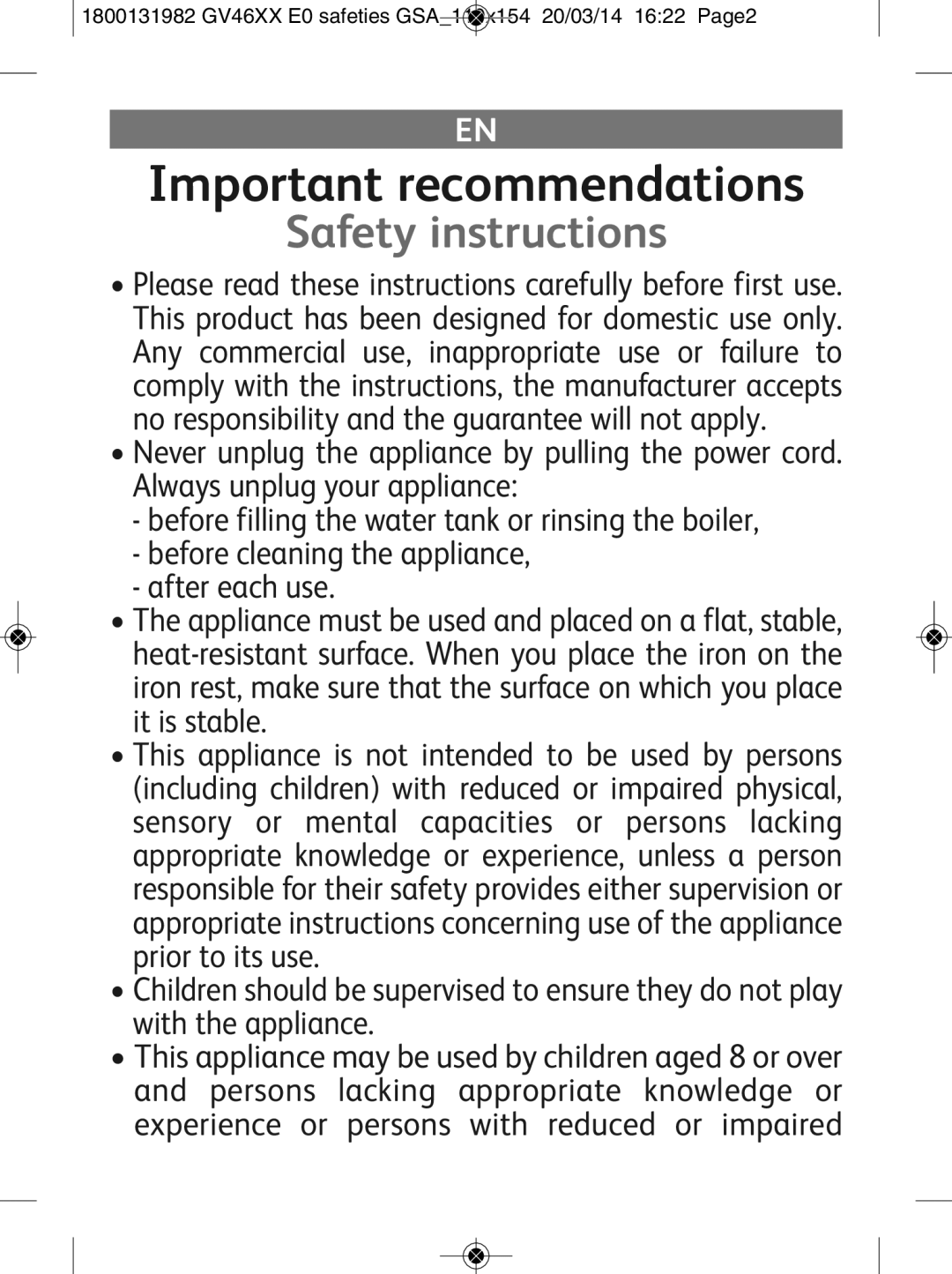 Tefal GV4630E0 manual Important recommendations, Safety instructions 