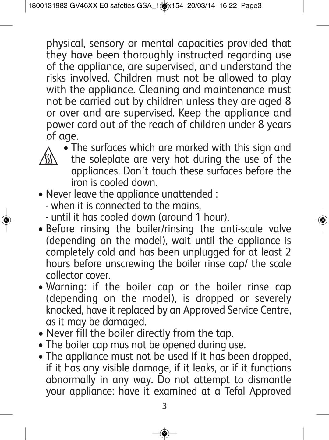 Tefal GV4630E0 manual 1800131982 GV46XX E0 safeties GSA110x154 20/03/14 1622 Page3 
