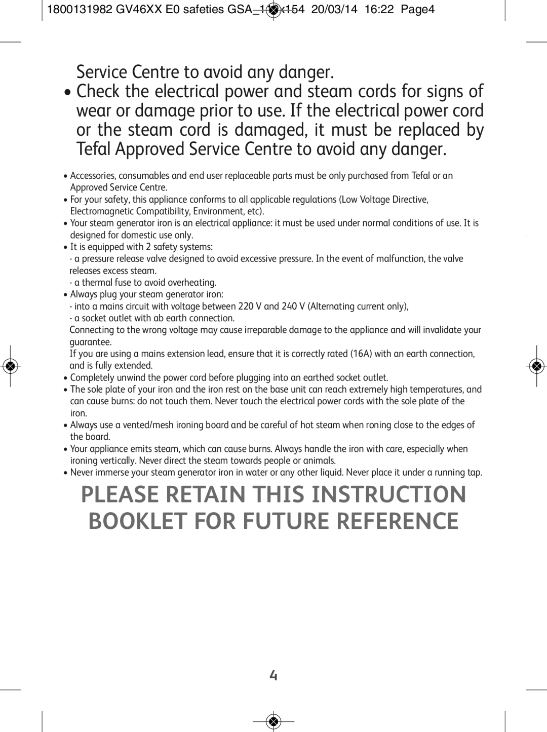 Tefal GV4630E0 manual Please Retain this Instruction Booklet for Future Reference 