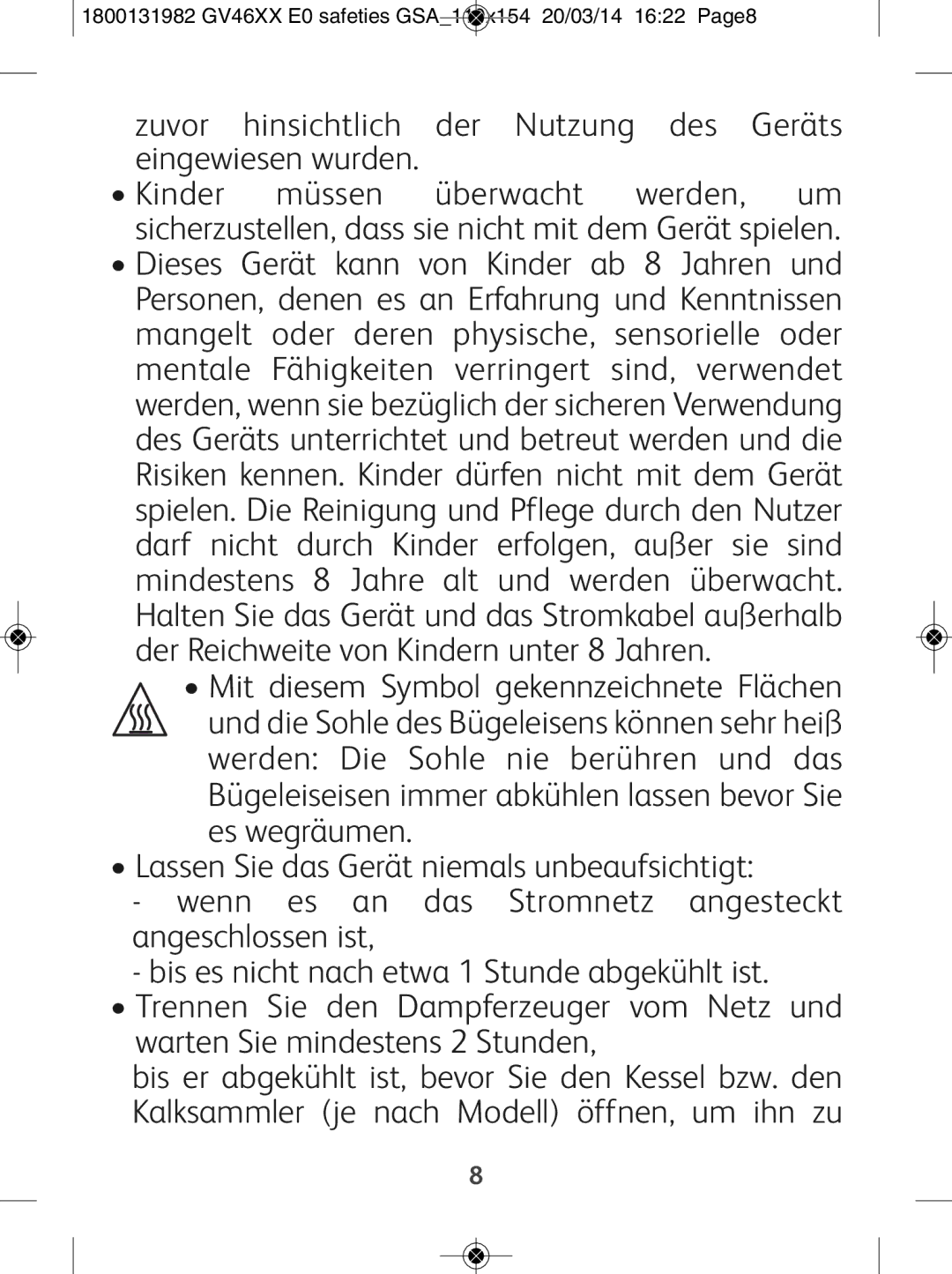 Tefal GV4630E0 manual 1800131982 GV46XX E0 safeties GSA110x154 20/03/14 1622 Page8 