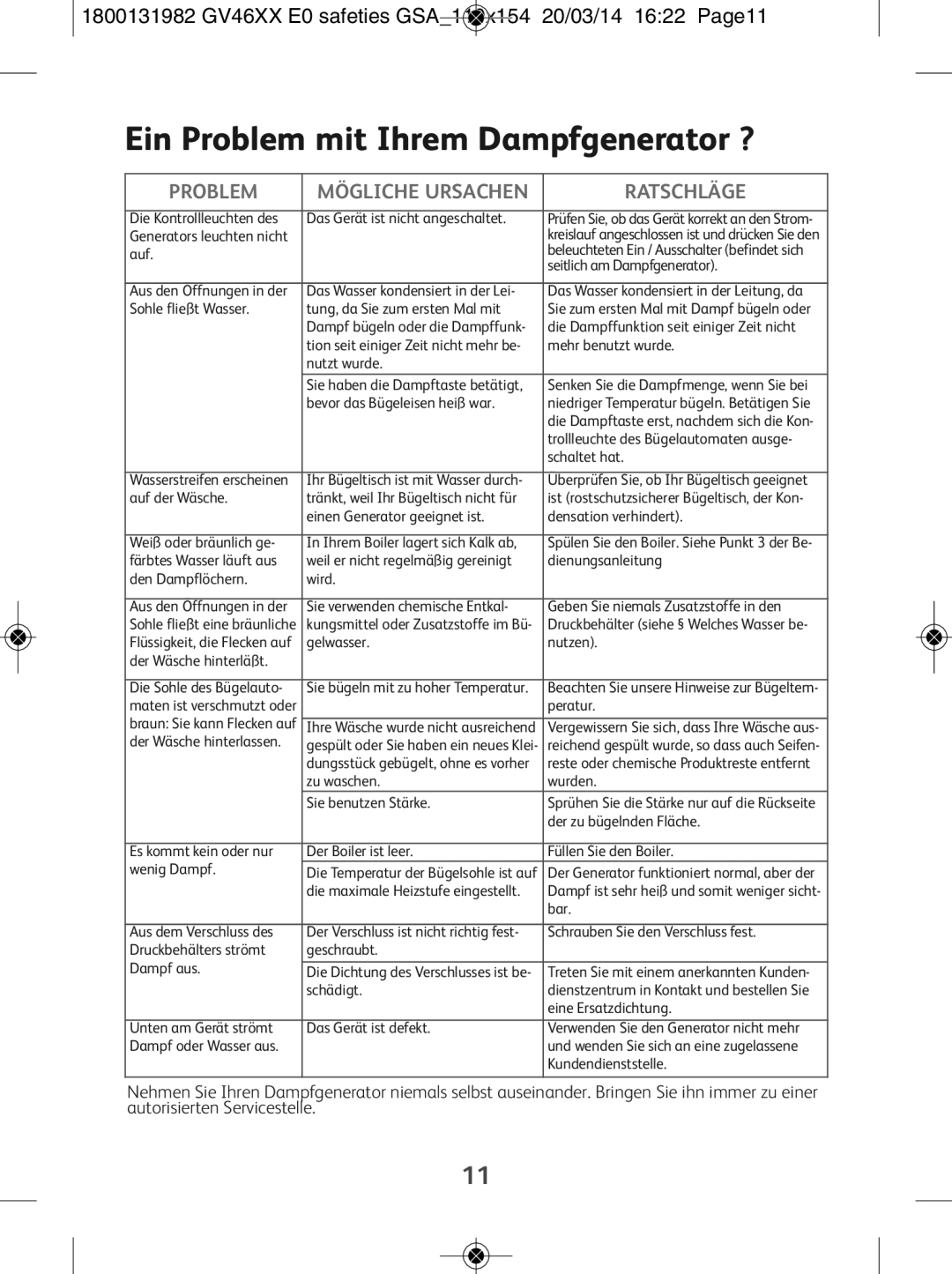 Tefal GV4630E0 manual Ein Problem mit Ihrem Dampfgenerator ? 