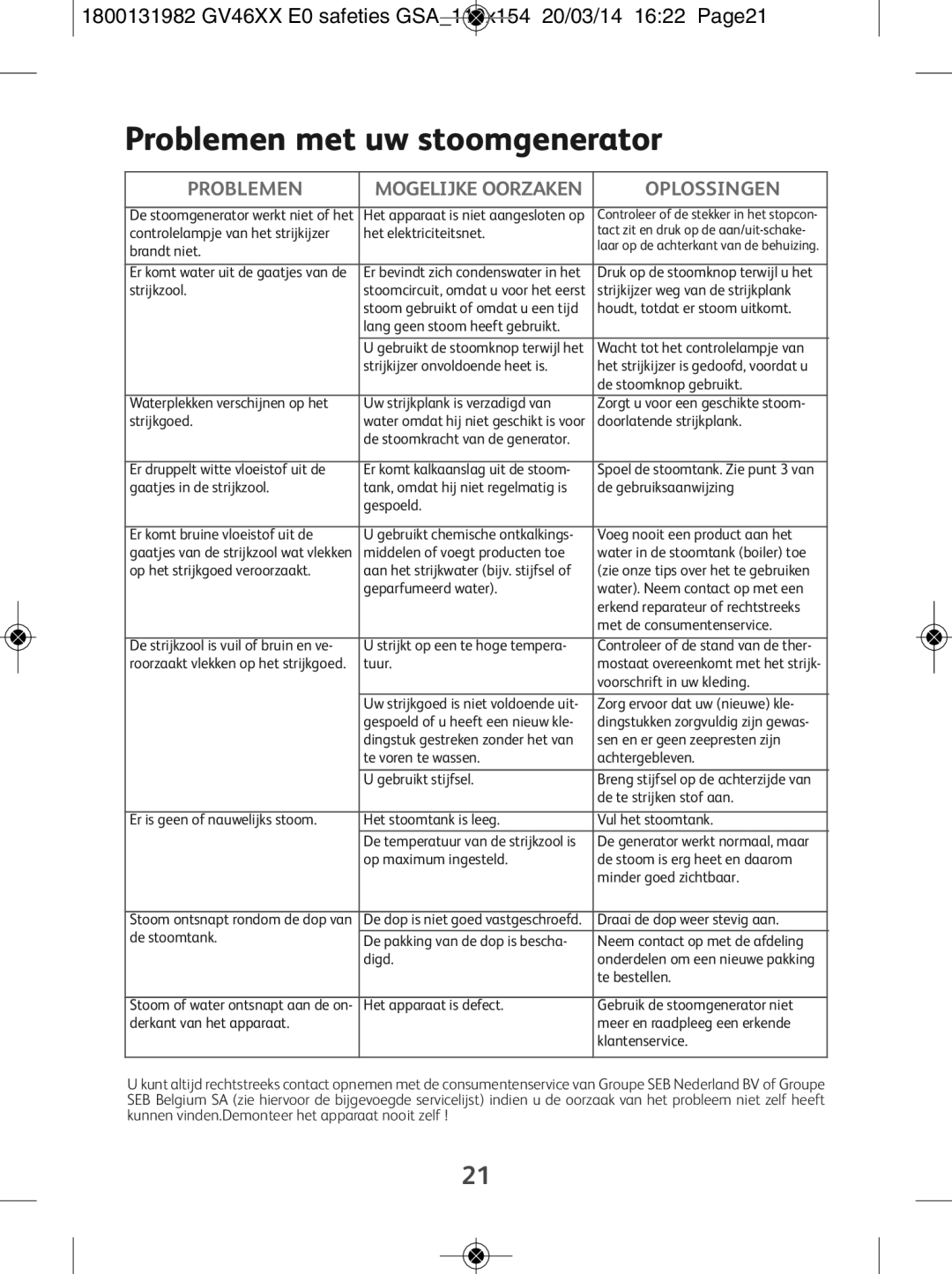 Tefal GV4630E0 manual Problemen met uw stoomgenerator 