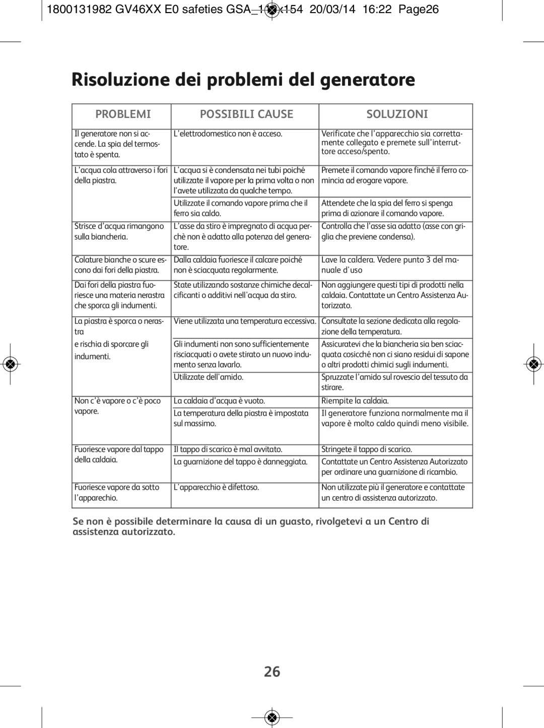 Tefal GV4630E0 manual Risoluzione dei problemi del generatore 