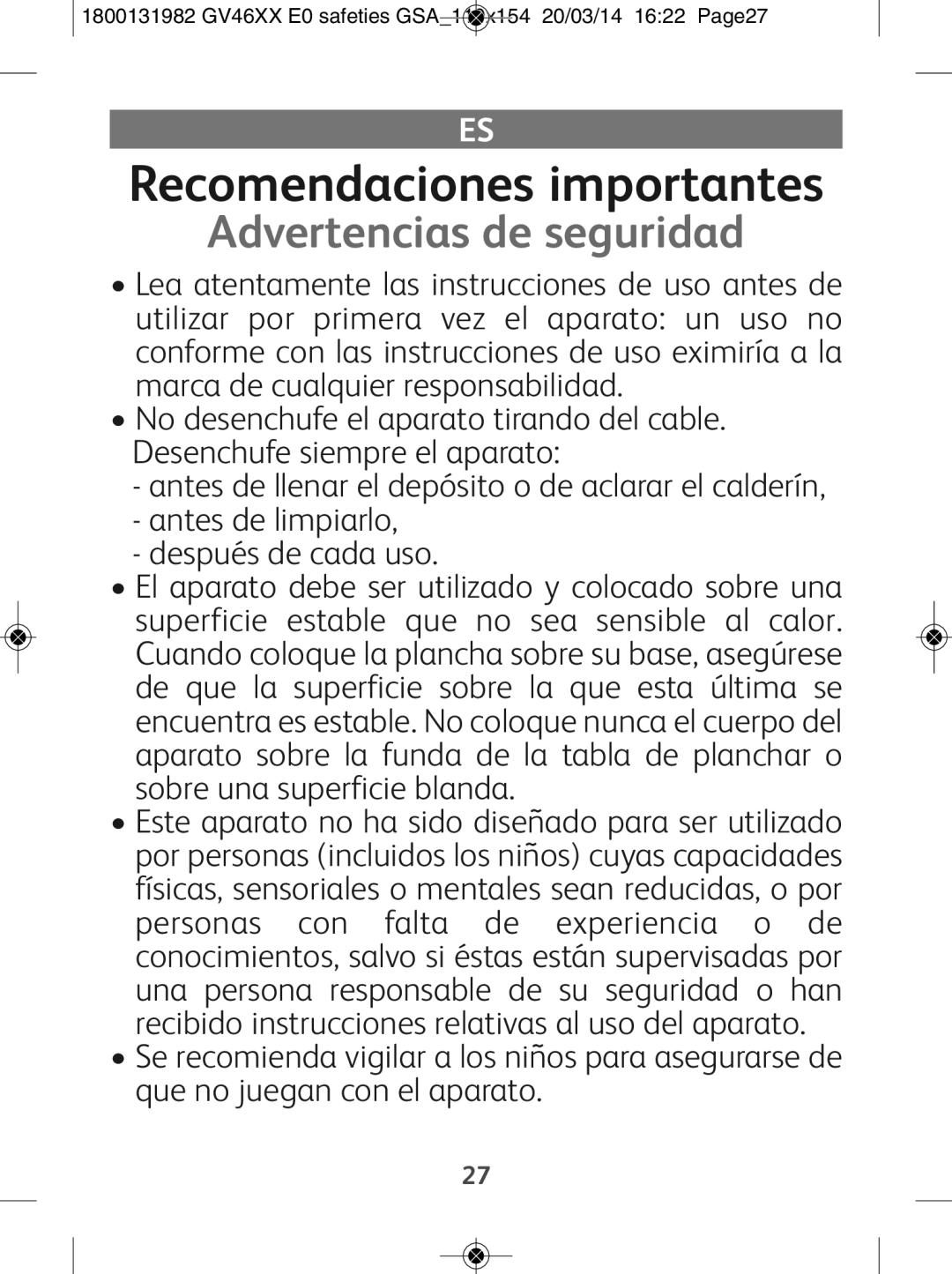 Tefal GV4630E0 manual Recomendaciones importantes, Advertencias de seguridad 