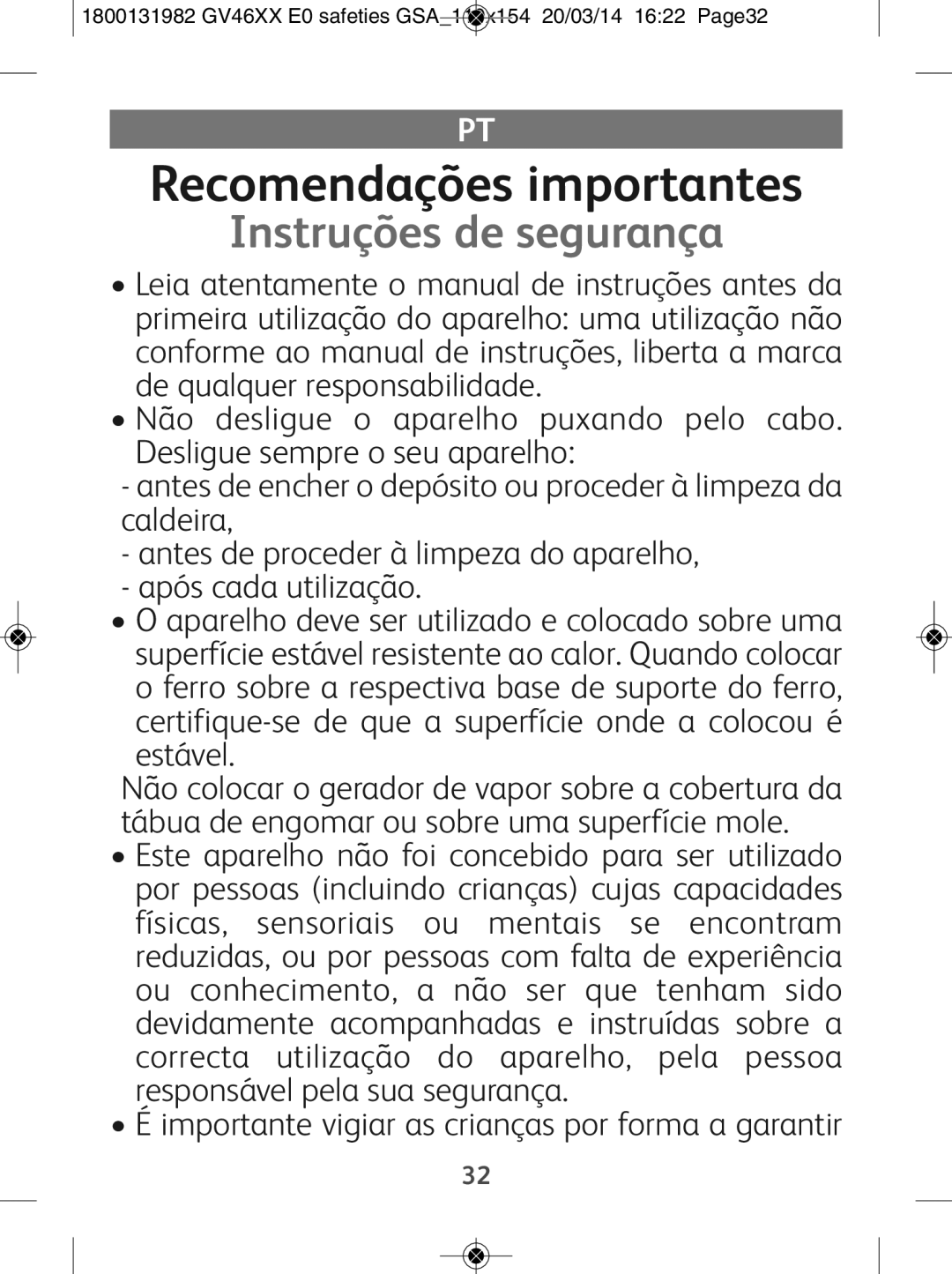 Tefal GV4630E0 manual Recomendações importantes, Instruções de segurança 