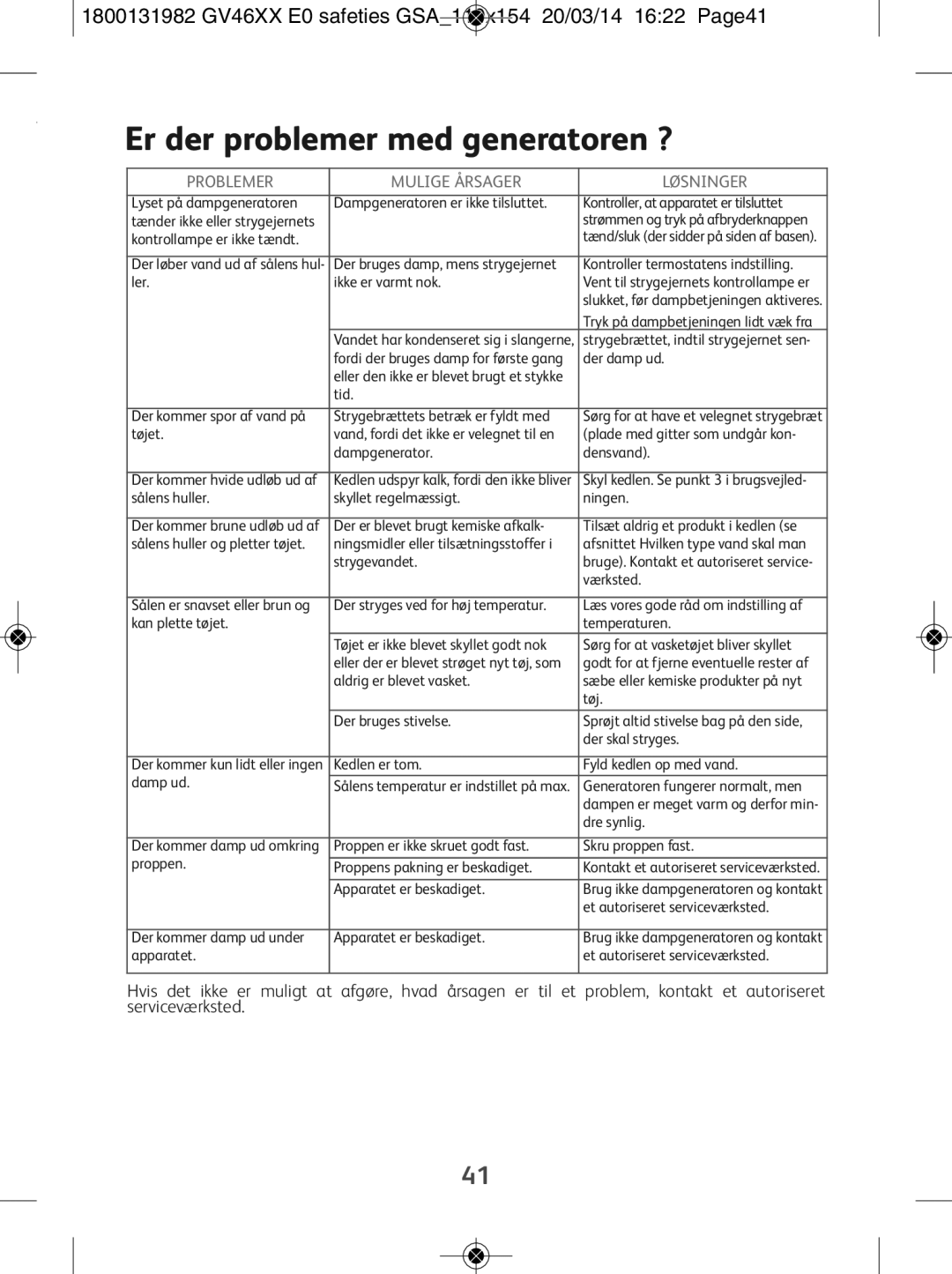 Tefal GV4630E0 manual Er der problemer med generatoren ? 