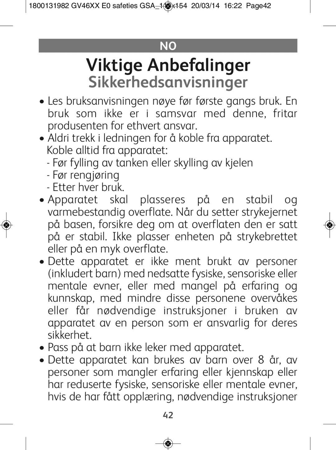 Tefal GV4630E0 manual Viktige Anbefalinger 