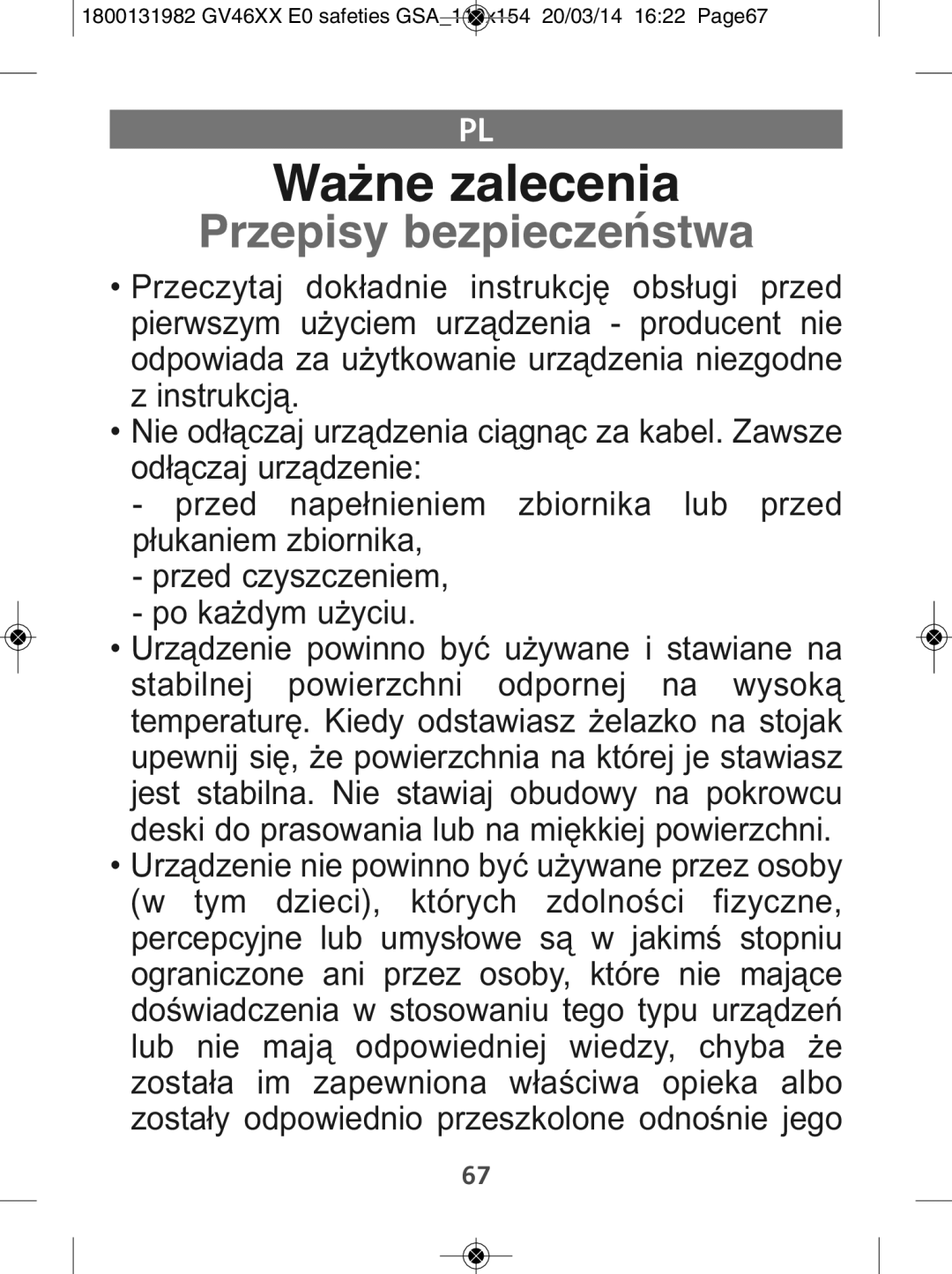 Tefal GV4630E0 manual Ważne zalecenia, Przepisy bezpieczeństwa 