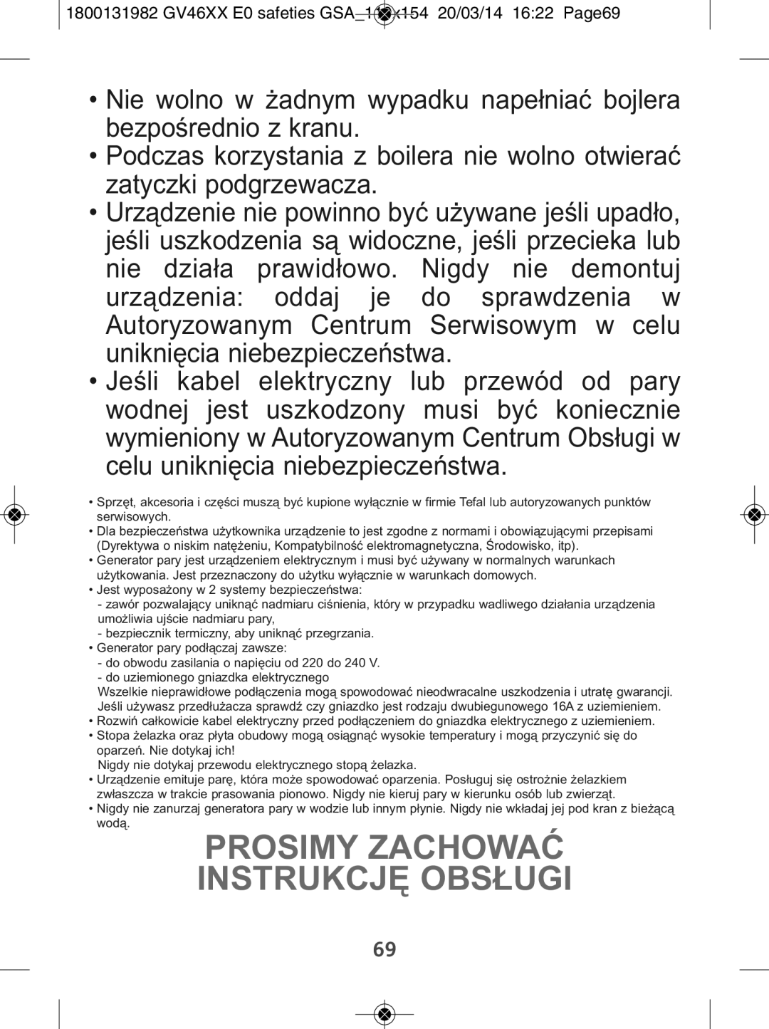 Tefal GV4630E0 manual Prosimy Zachować Instrukcję Obsługi 