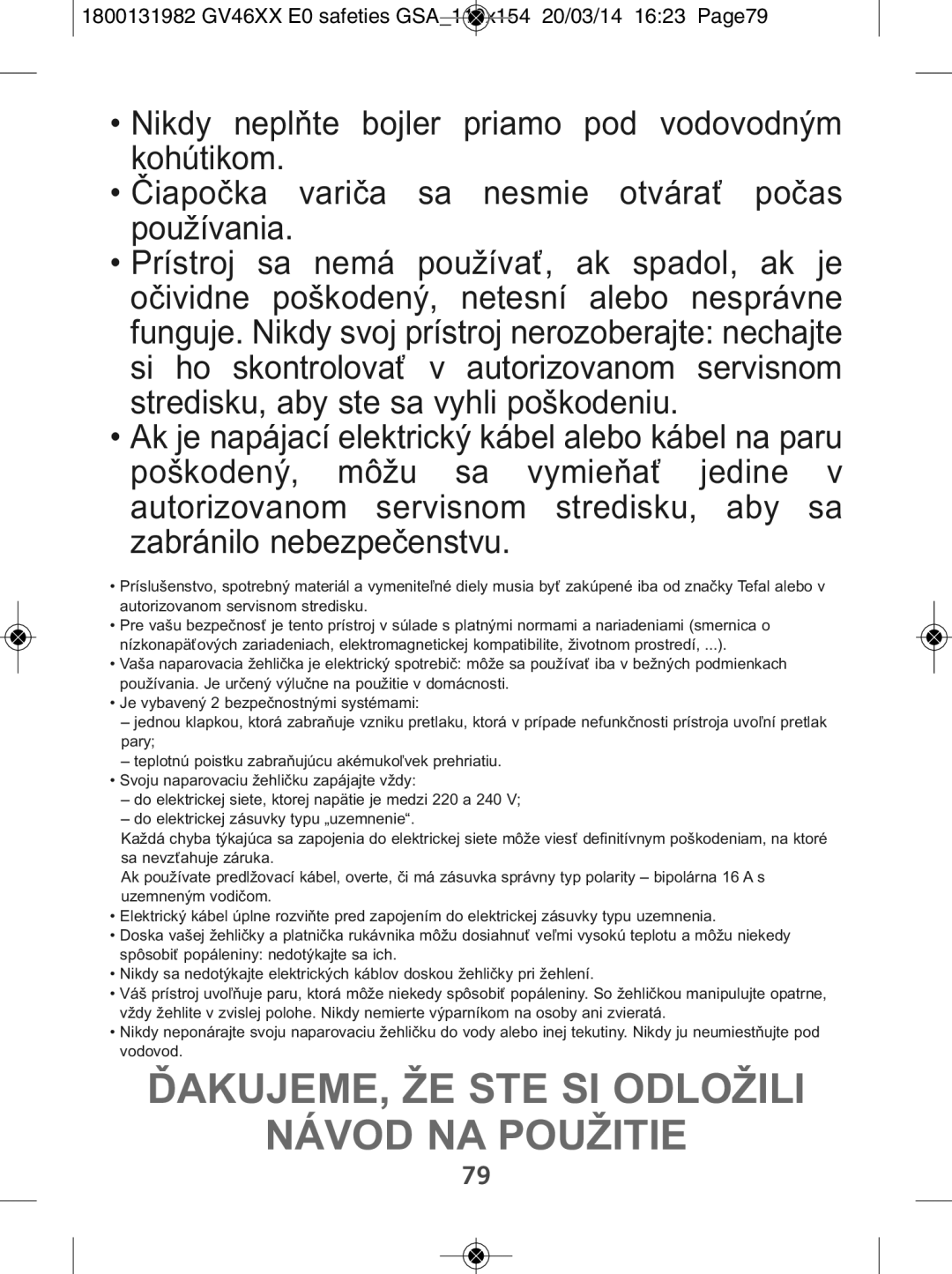 Tefal GV4630E0 manual ĎAKUJEME, ŽE STE SI Odložili Návod NA Použitie 