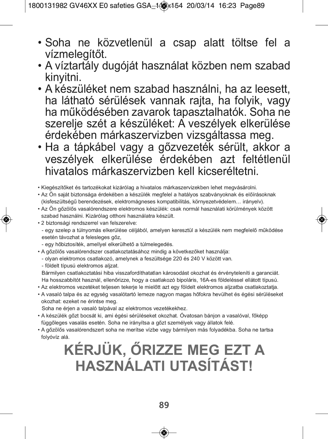 Tefal GV4630E0 manual KÉRJÜK, Őrizze MEG EZT a Használati Utasítást 