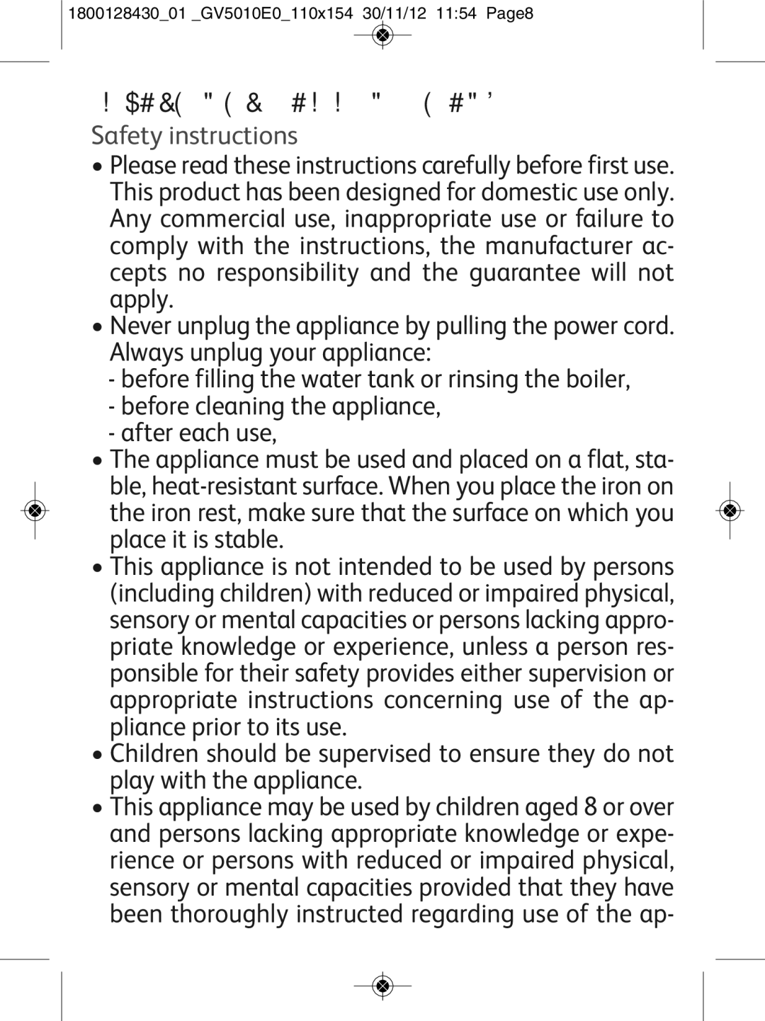 Tefal manual Important Recommendations, Safety instructions, 180012843001 GV5010E0110x154 30/11/12 1154 Page8 