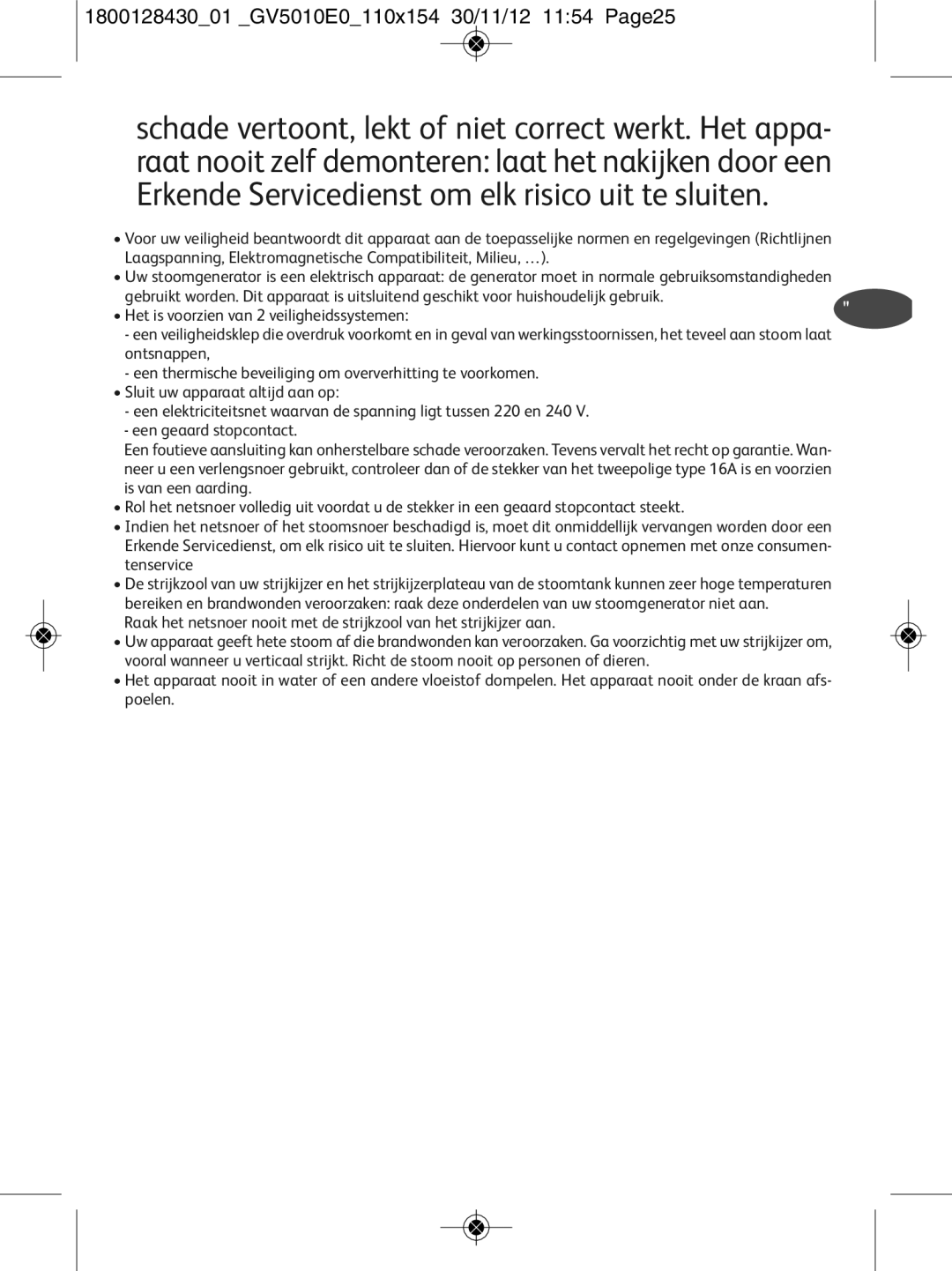 Tefal Erkende Servicedienst om elk risico uit te sluiten, 180012843001 GV5010E0110x154 30/11/12 1154 Page25, Tenservice 