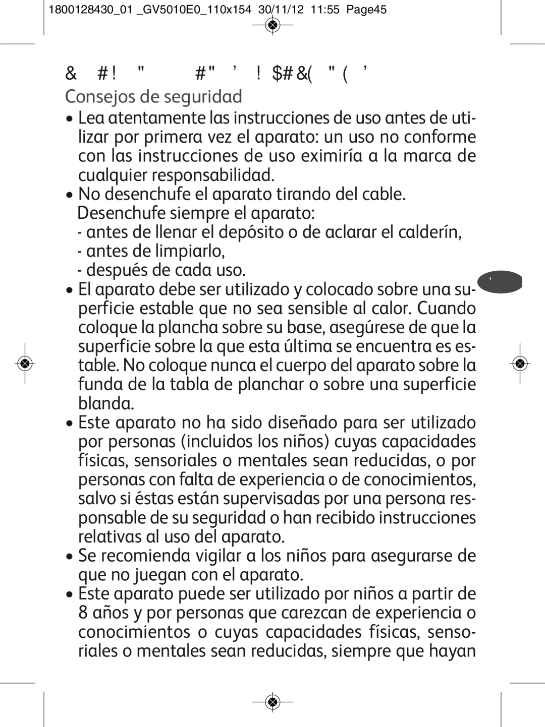 Tefal manual Recomendaciones Importantes, Consejos de seguridad, 180012843001 GV5010E0110x154 30/11/12 1155 Page45 