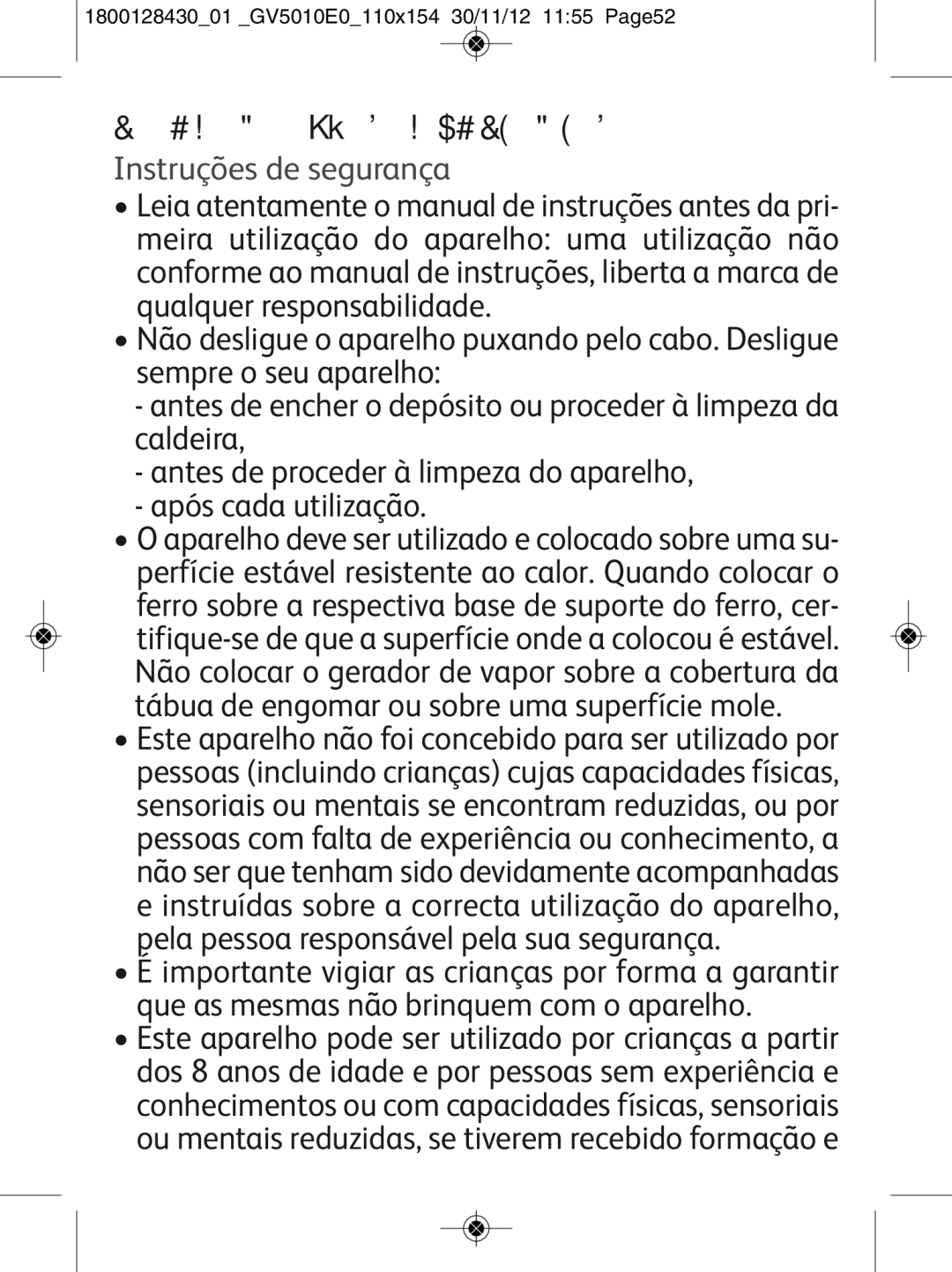 Tefal manual Recomendações Importantes, Instruções de segurança, 180012843001 GV5010E0110x154 30/11/12 1155 Page52 