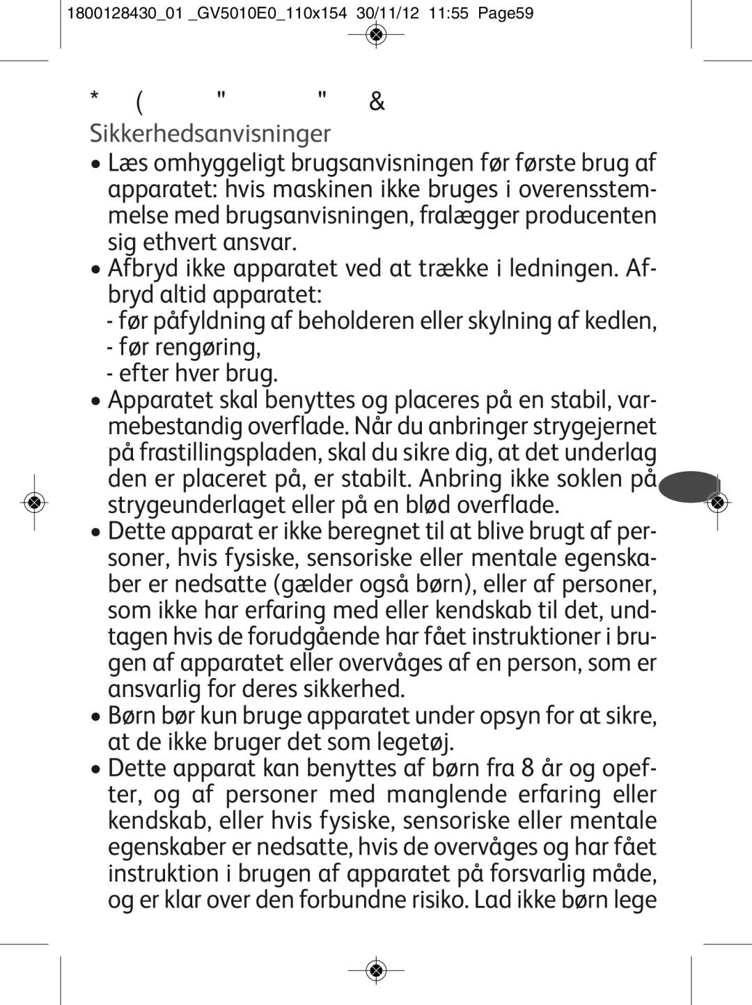 Tefal manual Vigtige Anbefalinger, Sikkerhedsanvisninger, 180012843001 GV5010E0110x154 30/11/12 1155 Page59 