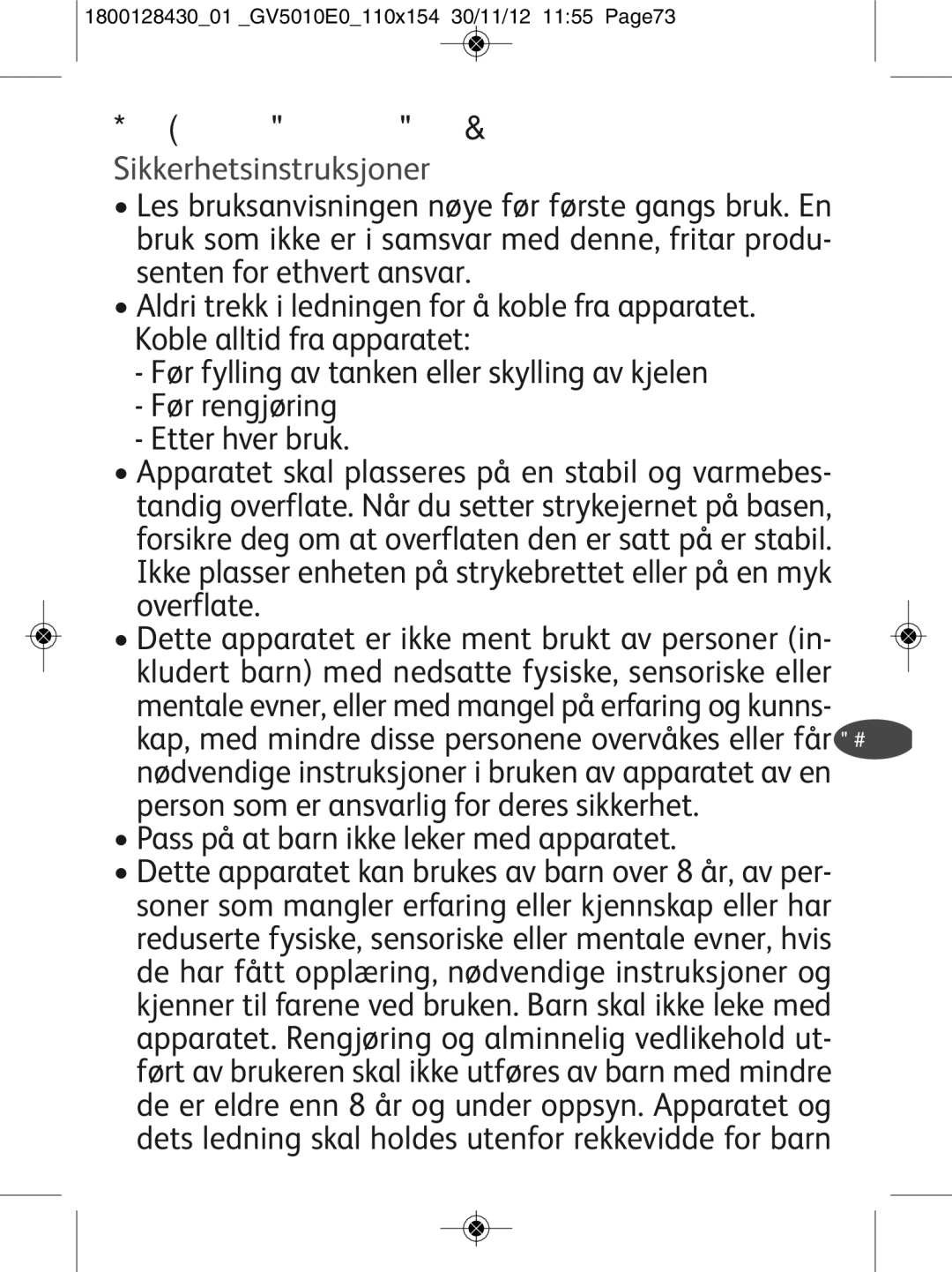 Tefal GV5010E0 manual Viktige Anbefalinger, Sikkerhetsinstruksjoner, Person som er ansvarlig for deres sikkerhet 