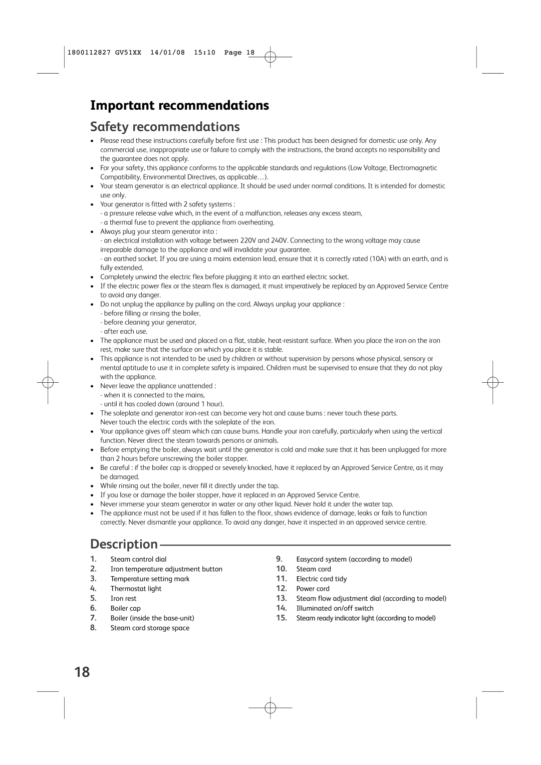 Tefal GV5120C0, GV5120C5, GV5120S0, GV5120X0, GV5120E0 manual Important recommendations, Safety recommendations, Description 