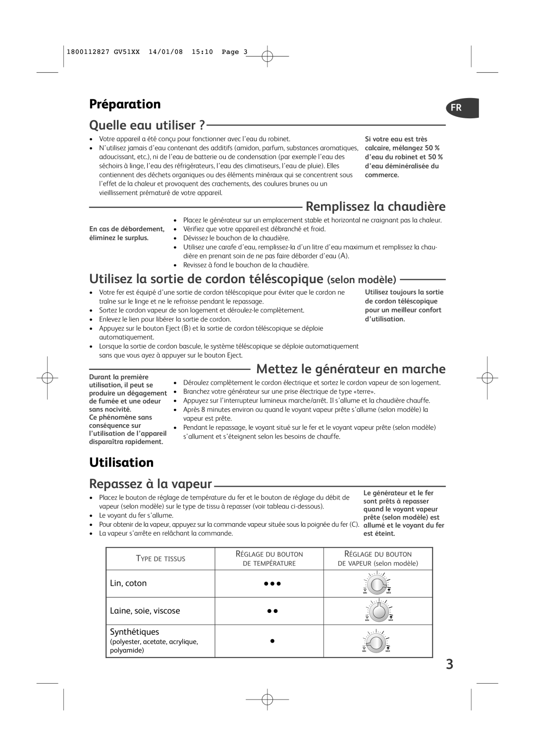 Tefal GV5120C0 Préparation, Quelle eau utiliser ?, Utilisez la sortie de cordon téléscopique selon modèle, Utilisation 