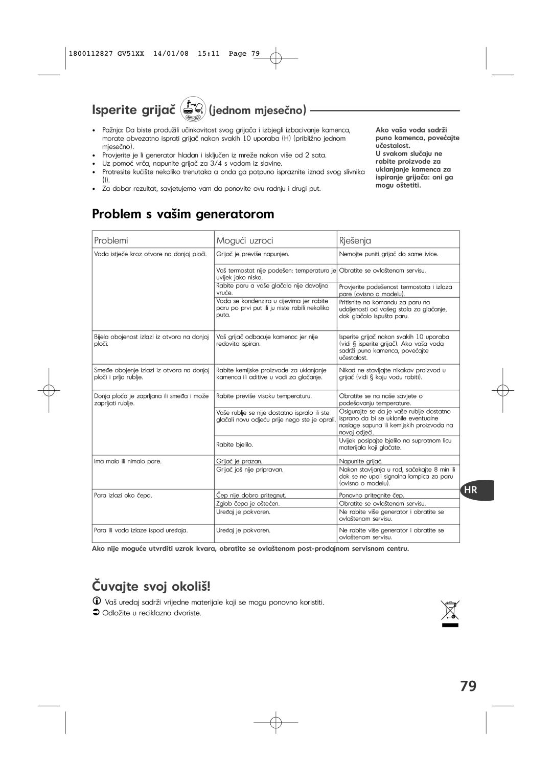 Tefal GV5120C5 Problem s vašim generatorom, Čuvajte svoj okoliš, Isperite grijač jednom mjesečno, Mogući uzroci, Rješenja 