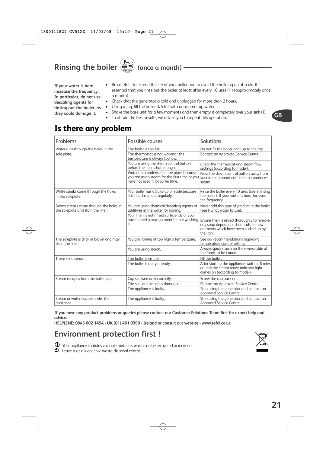 Tefal GV5150E0, GV5150X0, GV5150G0 manual Rinsing the boiler once a month, Is there any problem, Environment protection first 