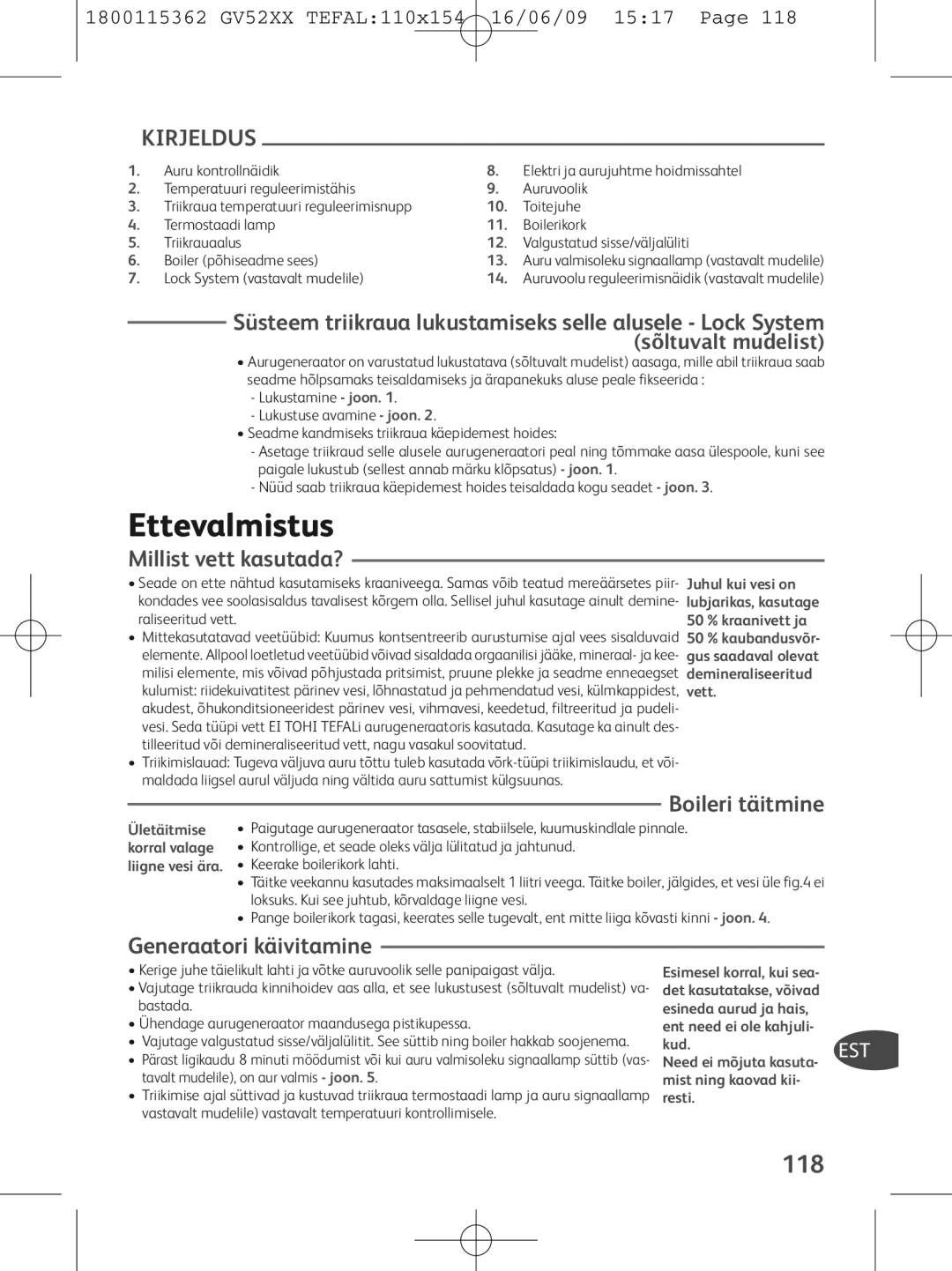 Tefal GV5230G0, GV5230E0, GV5230C0 Ettevalmistus, 118, Millist vett kasutada?, Boileri täitmine, Generaatori käivitamine 